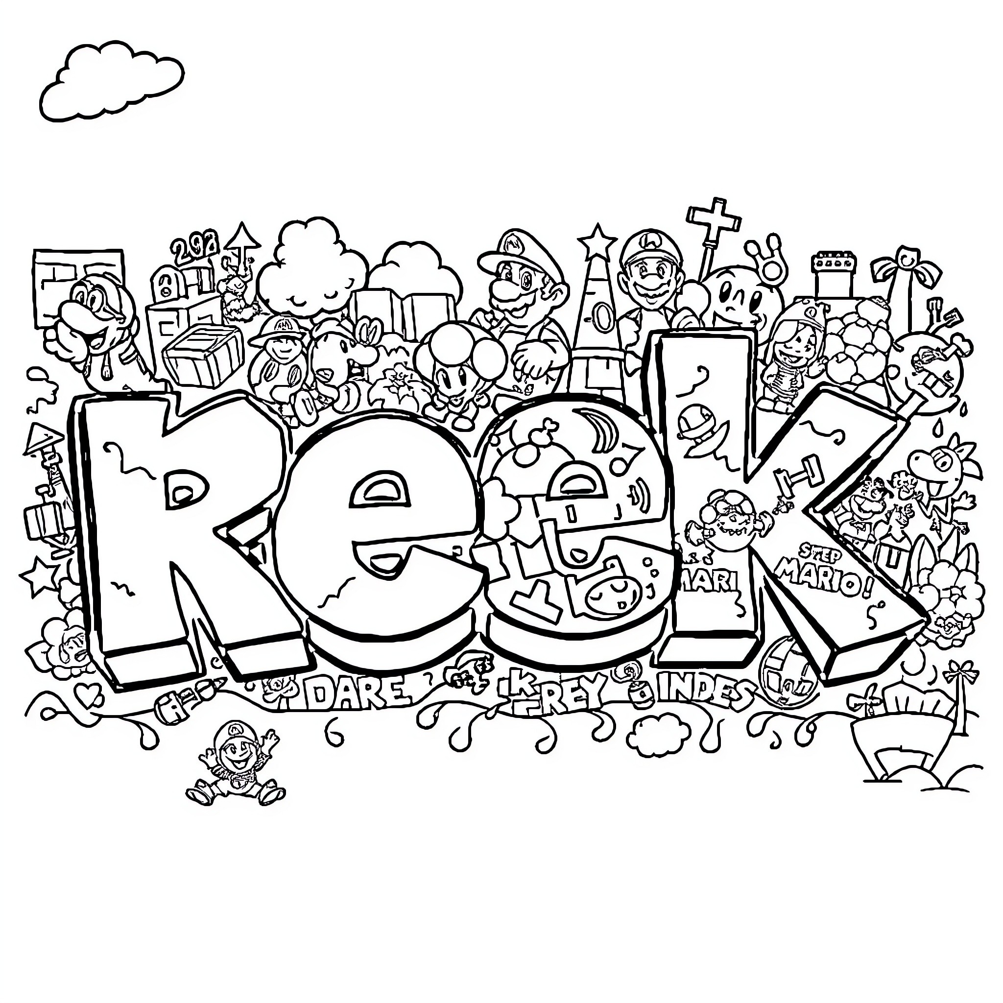 Graffiti featuring playful characters and symbols Coloring Page (free black-and-white line drawing printable PDF for all, from beginners to advanced learners, including children, teens, adults, and seniors)