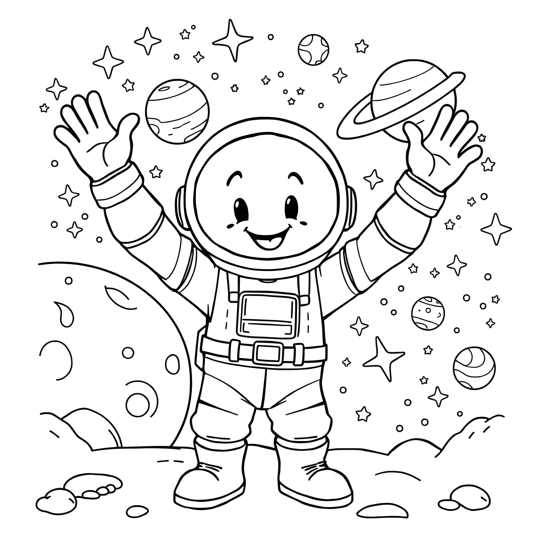 Amogus astronaut exploring the space with stars Coloring Page (free black-and-white line drawing printable PDF for all, from beginners to advanced learners, including children, teens, adults, and seniors)