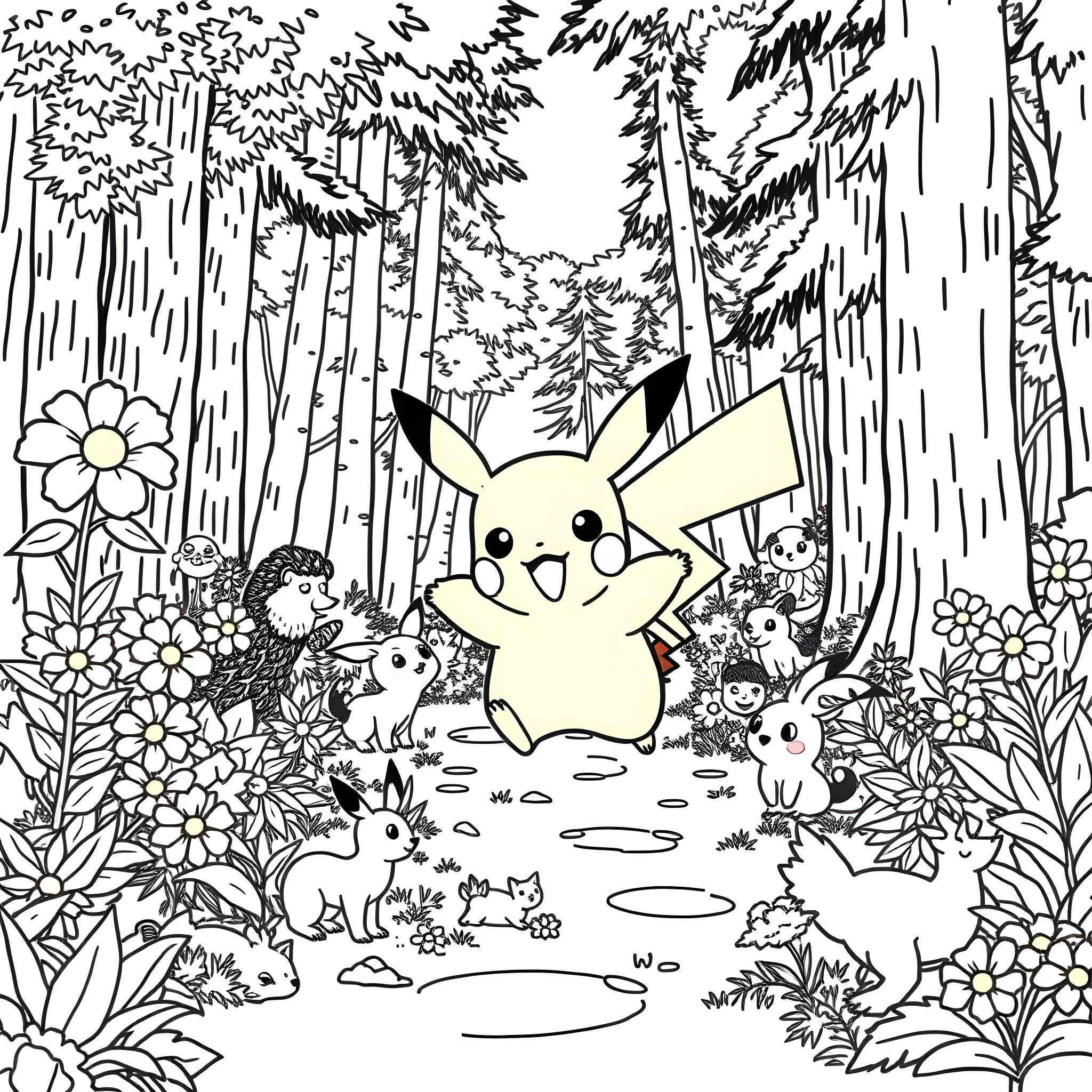Pikachu and Pokemon friends exploring a magical forest Coloring Page (free black-and-white line drawing printable PDF for all, from beginners to advanced learners, including children, teens, adults, and seniors)