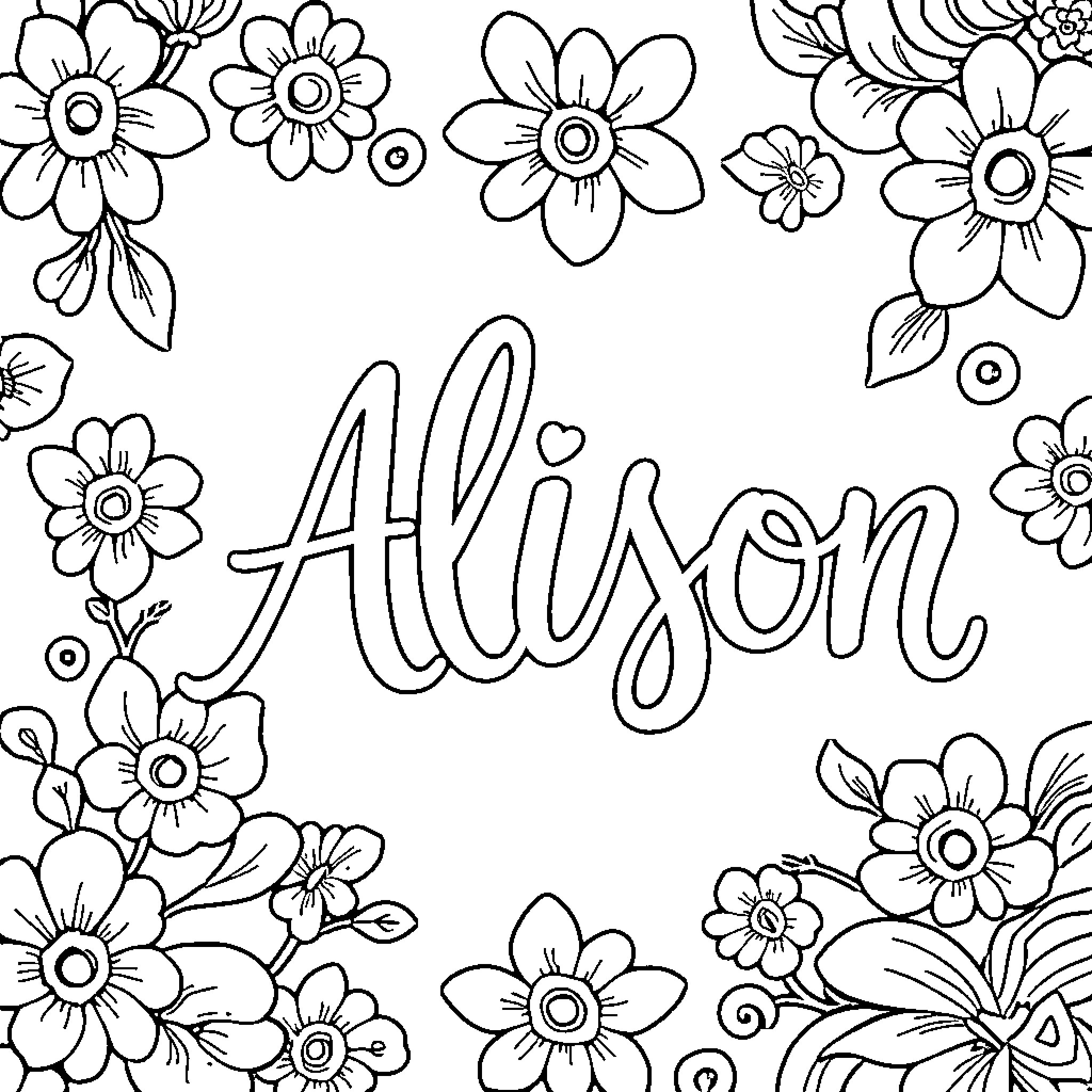 Alison's Floral Design Coloring Page (free black-and-white line drawing printable PDF for all, from beginners to advanced learners, including children, teens, adults, and seniors)