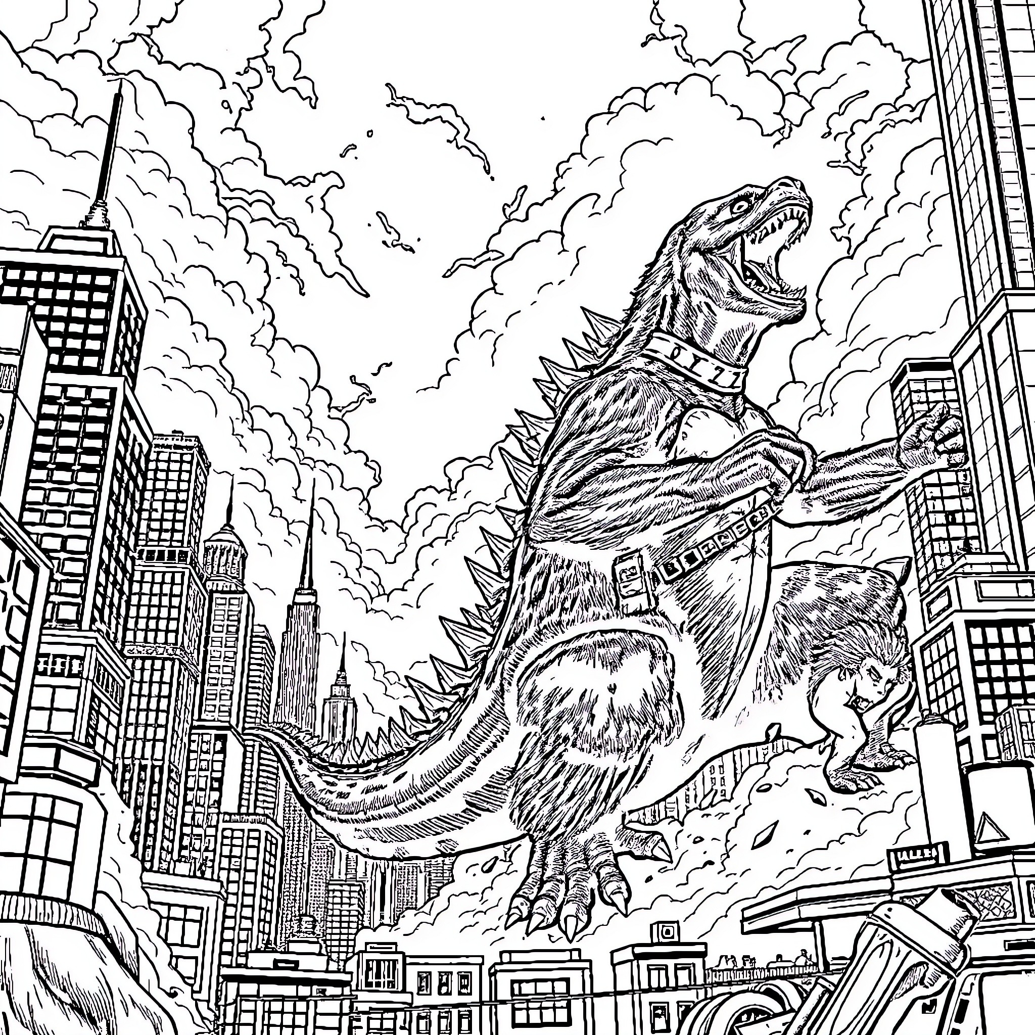 King Kong rampaging through the city skyline Coloring Page (free black-and-white line drawing printable PDF for all, from beginners to advanced learners, including children, teens, adults, and seniors)