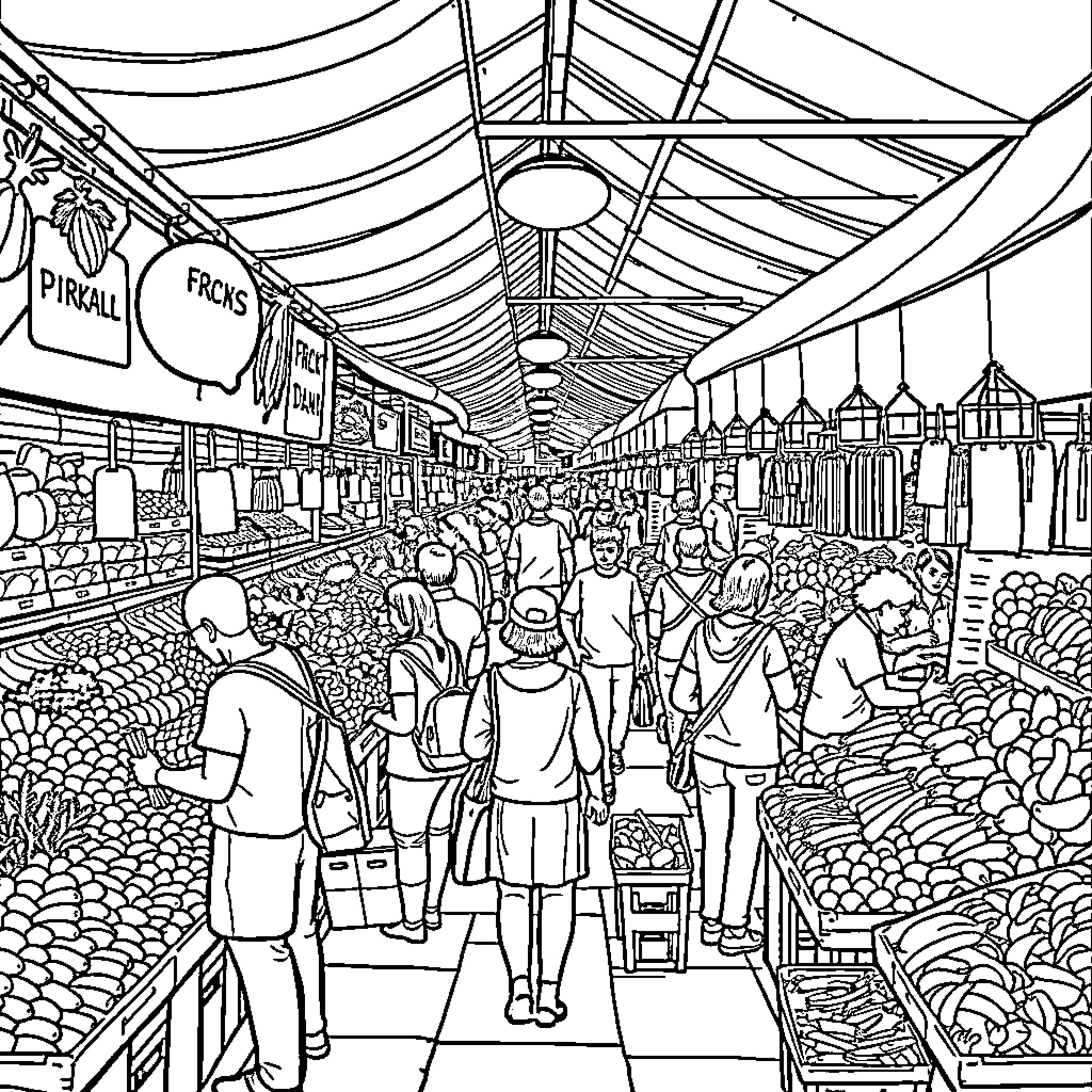 Market bustling with lively crowds and varied stalls Coloring Page (free black-and-white line drawing printable PDF for all, from beginners to advanced learners, including children, teens, adults, and seniors)