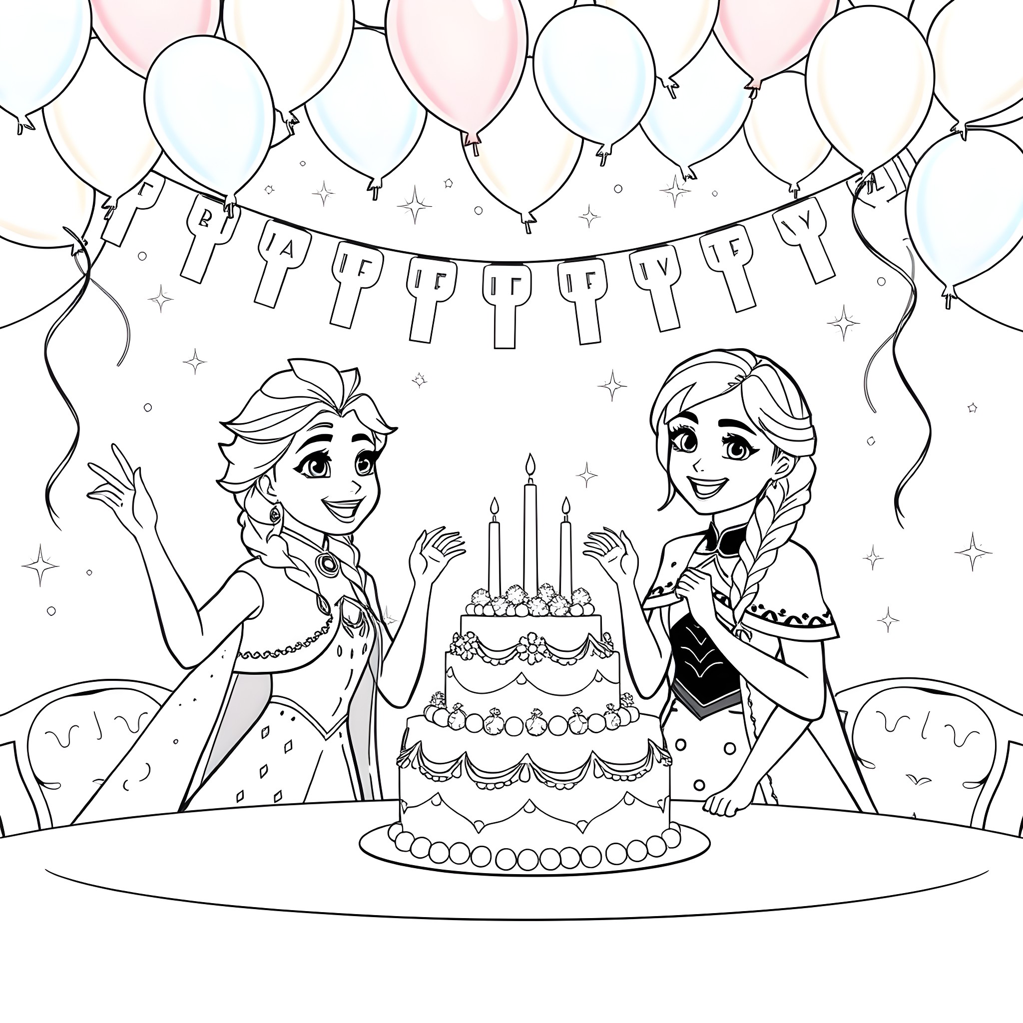Frozen Celebration with Friends and Birthday Cake Coloring Page (free black-and-white line drawing printable PDF for all, from beginners to advanced learners, including children, teens, adults, and seniors)
