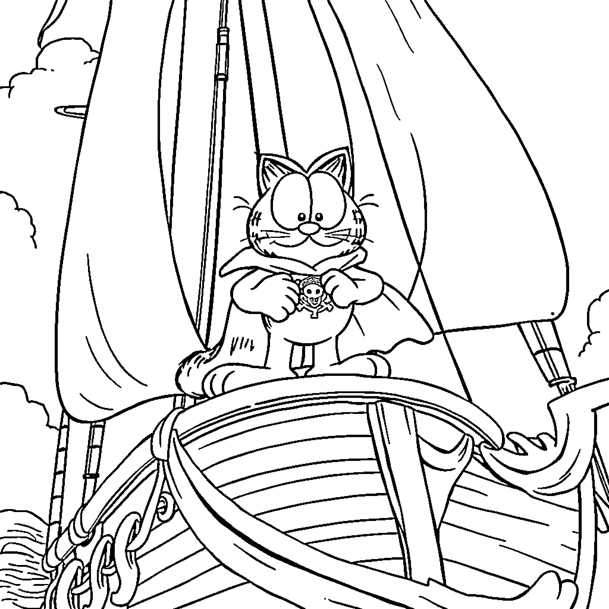 Garfield sailing on a wooden boat Coloring Page (free black-and-white line drawing printable PDF for all, from beginners to advanced learners, including children, teens, adults, and seniors)