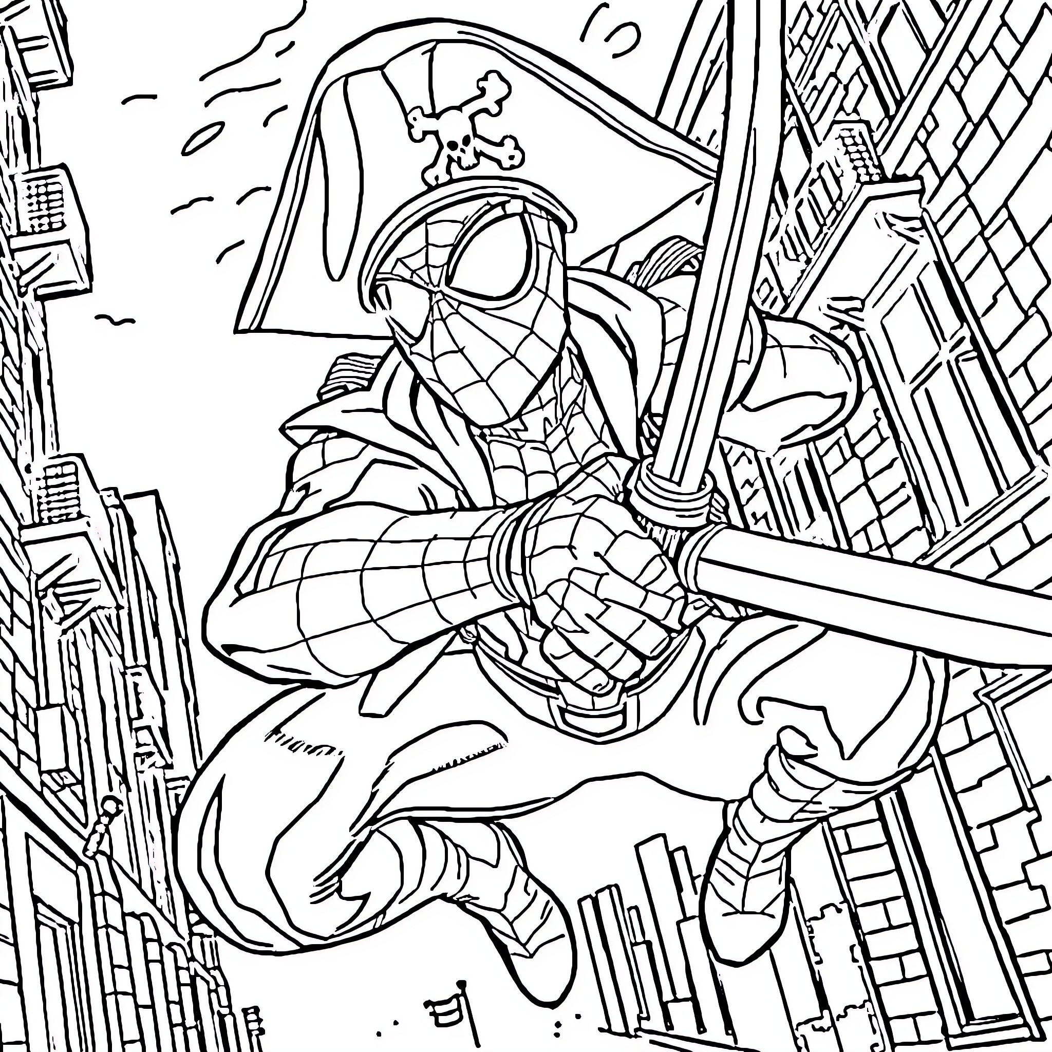 Spiderman swinging through the city on his web Coloring Page (free black-and-white line drawing printable PDF for all, from beginners to advanced learners, including children, teens, adults, and seniors)