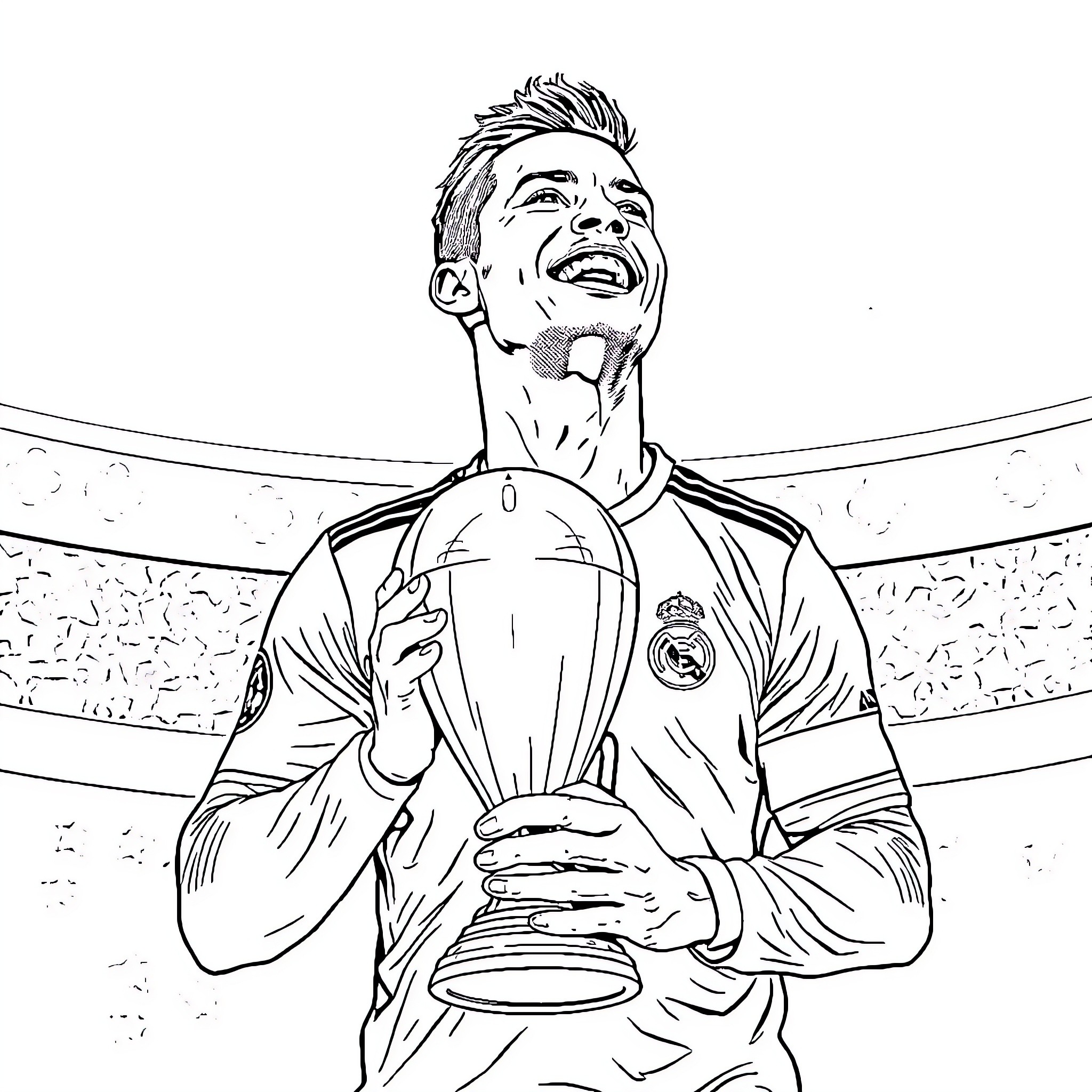 Cristiano Ronaldo celebrating triumph on the field Coloring Page (free black-and-white line drawing printable PDF for all, from beginners to advanced learners, including children, teens, adults, and seniors)