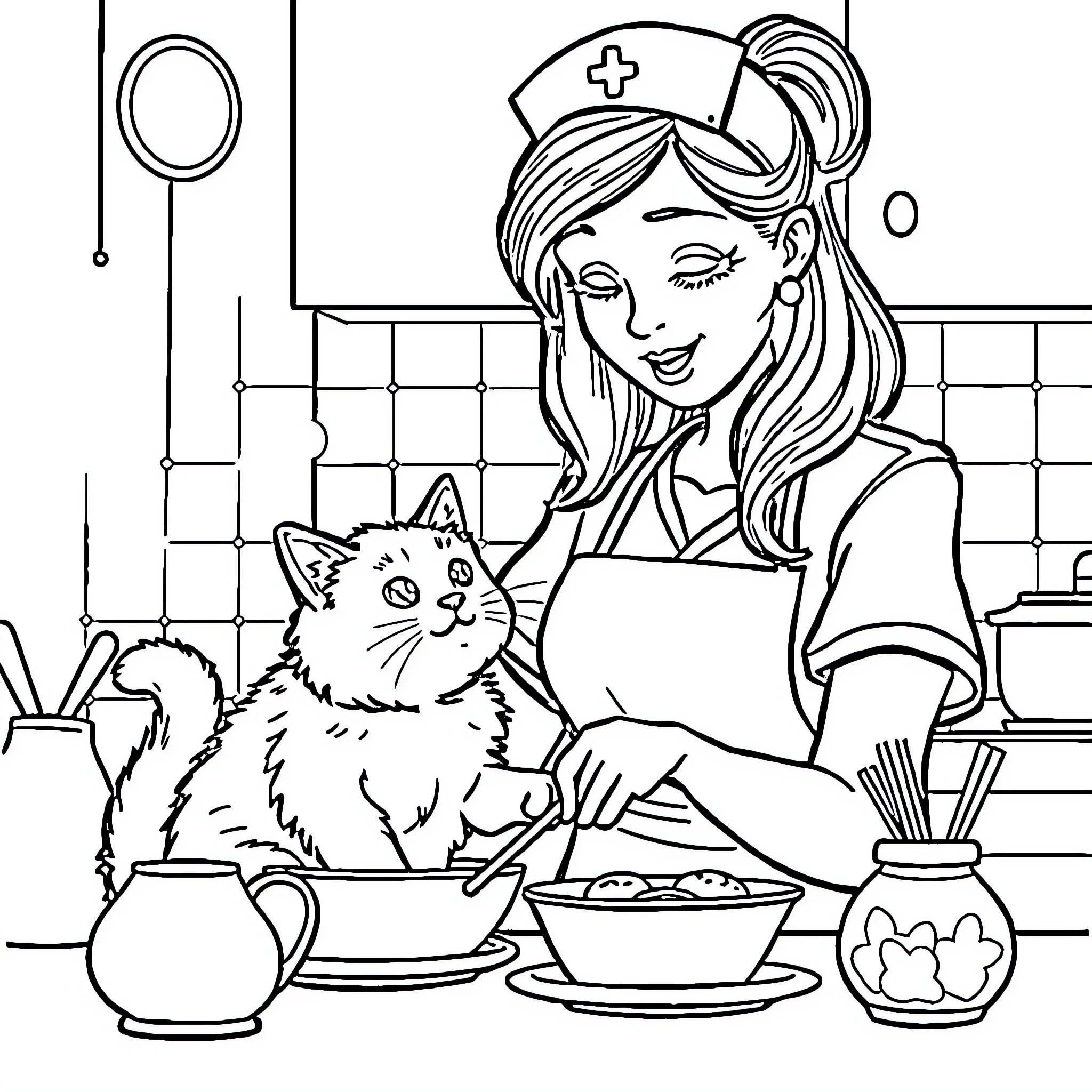 Nurse caring for a patient cat in the kitchen Coloring Page (free black-and-white line drawing printable PDF for all, from beginners to advanced learners, including children, teens, adults, and seniors)