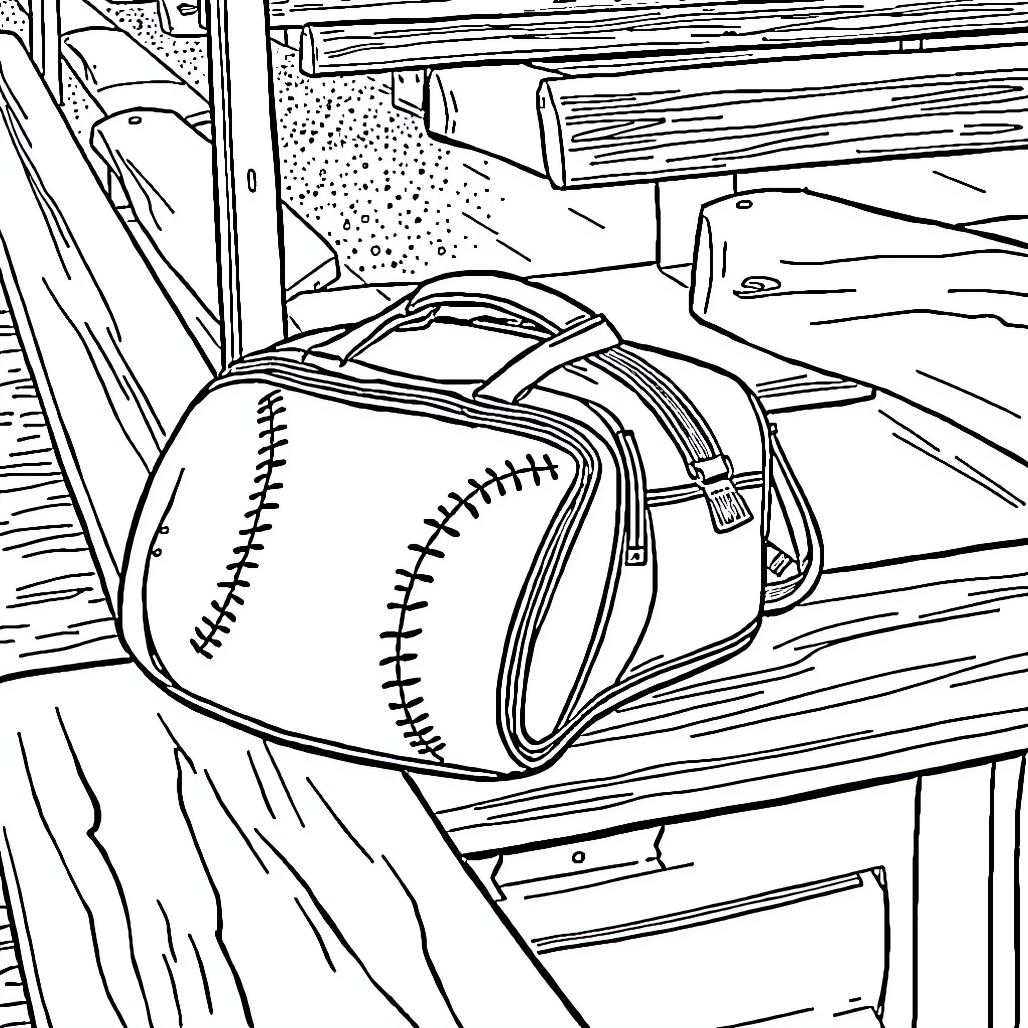 Softball Bag on Wooden Bench Coloring Page (free black-and-white line drawing printable PDF for all, from beginners to advanced learners, including children, teens, adults, and seniors)