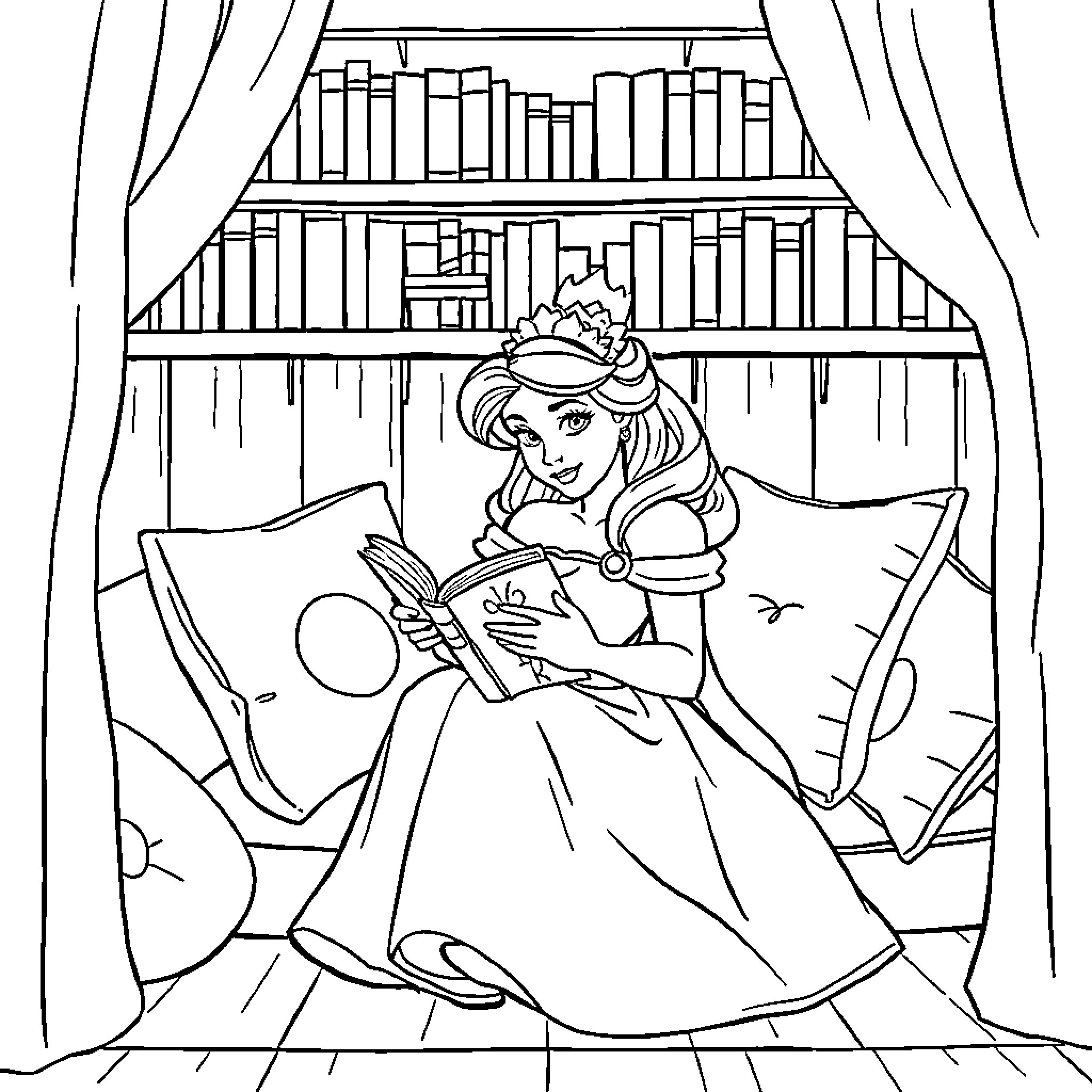 Disney Princess Reading a Book in Her Library Coloring Page (free black-and-white line drawing printable PDF for all, from beginners to advanced learners, including children, teens, adults, and seniors)