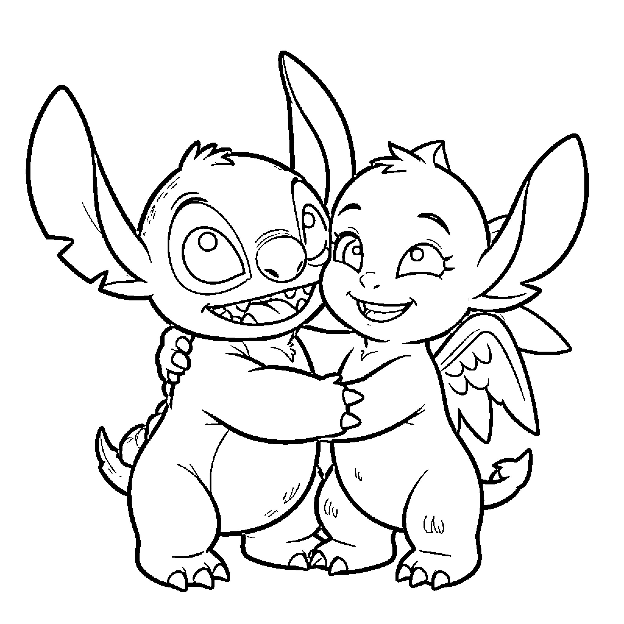 Stitch and Angel Embracing Happily Coloring Page (free black-and-white line drawing printable PDF for all, from beginners to advanced learners, including children, teens, adults, and seniors)