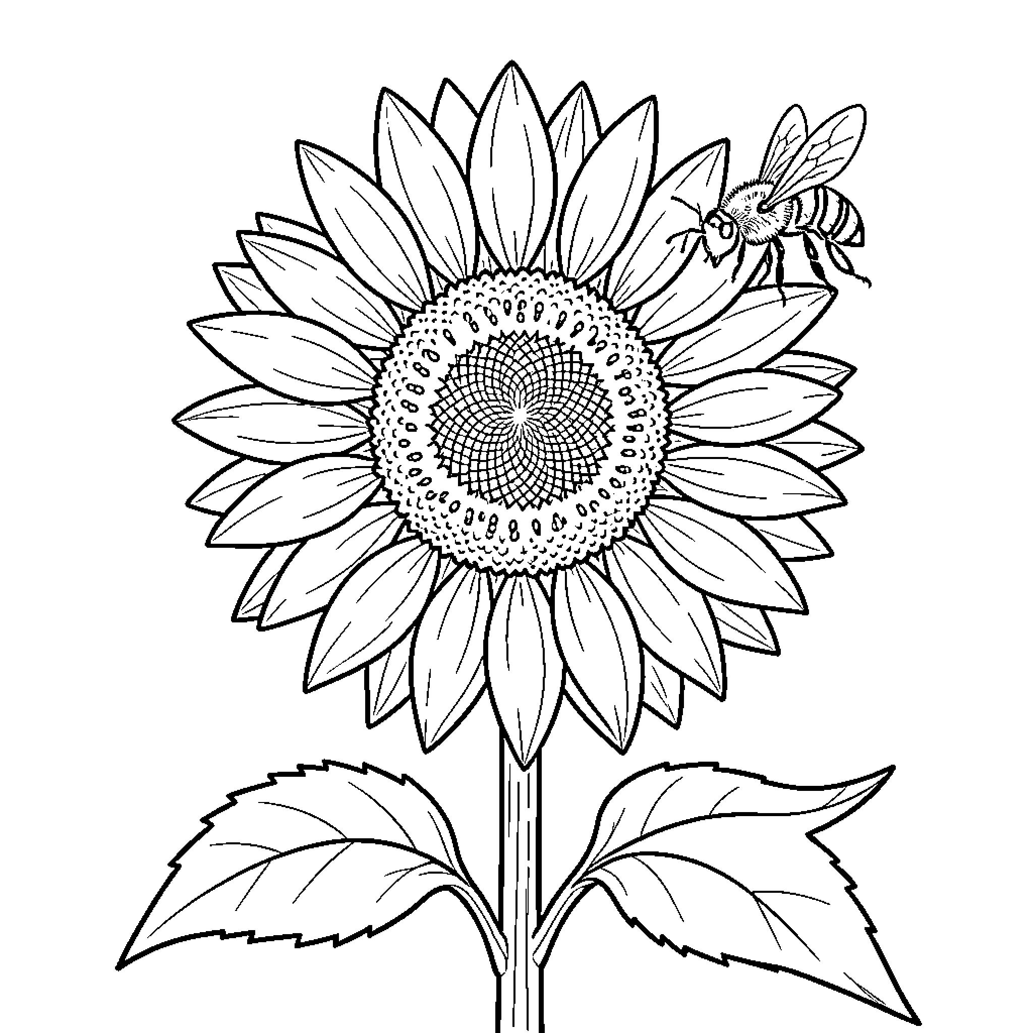 Sunflower and bee in black and white Coloring Page (free black-and-white line drawing printable PDF for all, from beginners to advanced learners, including children, teens, adults, and seniors)