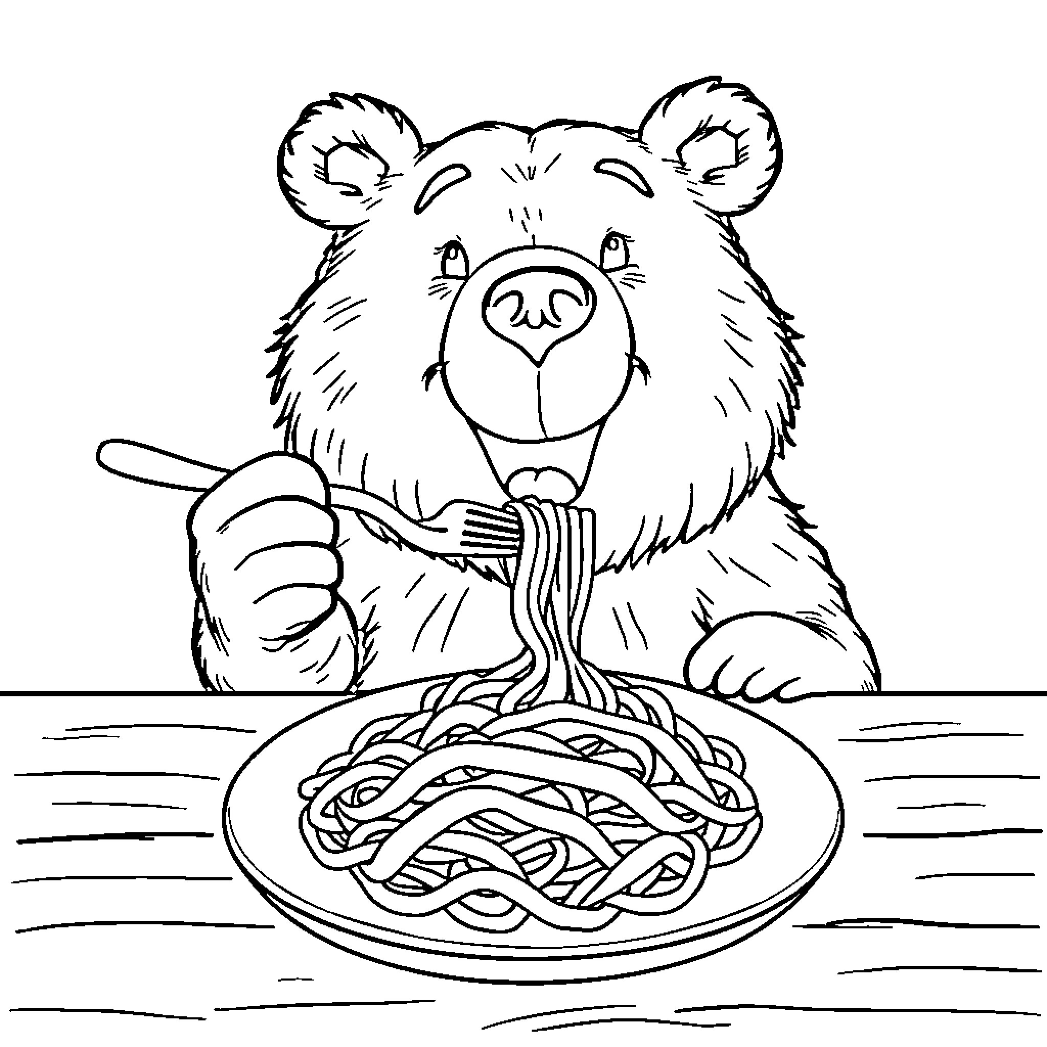 Bear enjoying a plate of spaghetti Coloring Page (free black-and-white line drawing printable PDF for all, from beginners to advanced learners, including children, teens, adults, and seniors)
