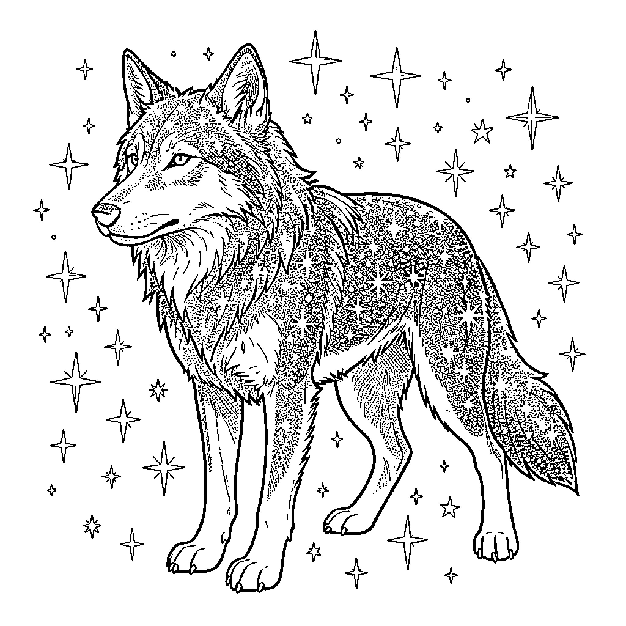 Wolf gazing at starry night sky Coloring Page (free black-and-white line drawing printable PDF for all, from beginners to advanced learners, including children, teens, adults, and seniors)