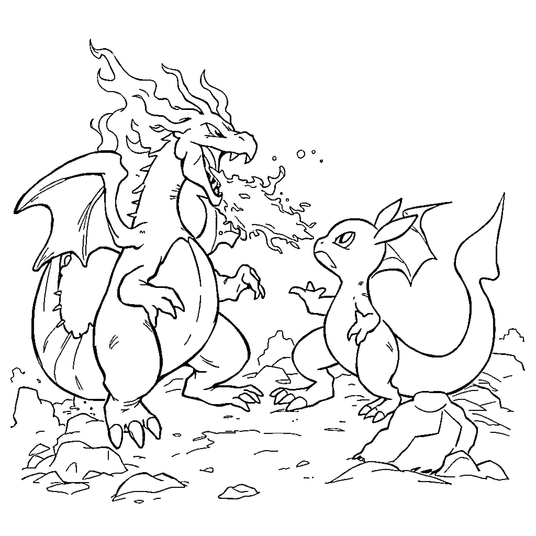 Charizard and Dragonite battling in the wild Coloring Page (free black-and-white line drawing printable PDF for all, from beginners to advanced learners, including children, teens, adults, and seniors)