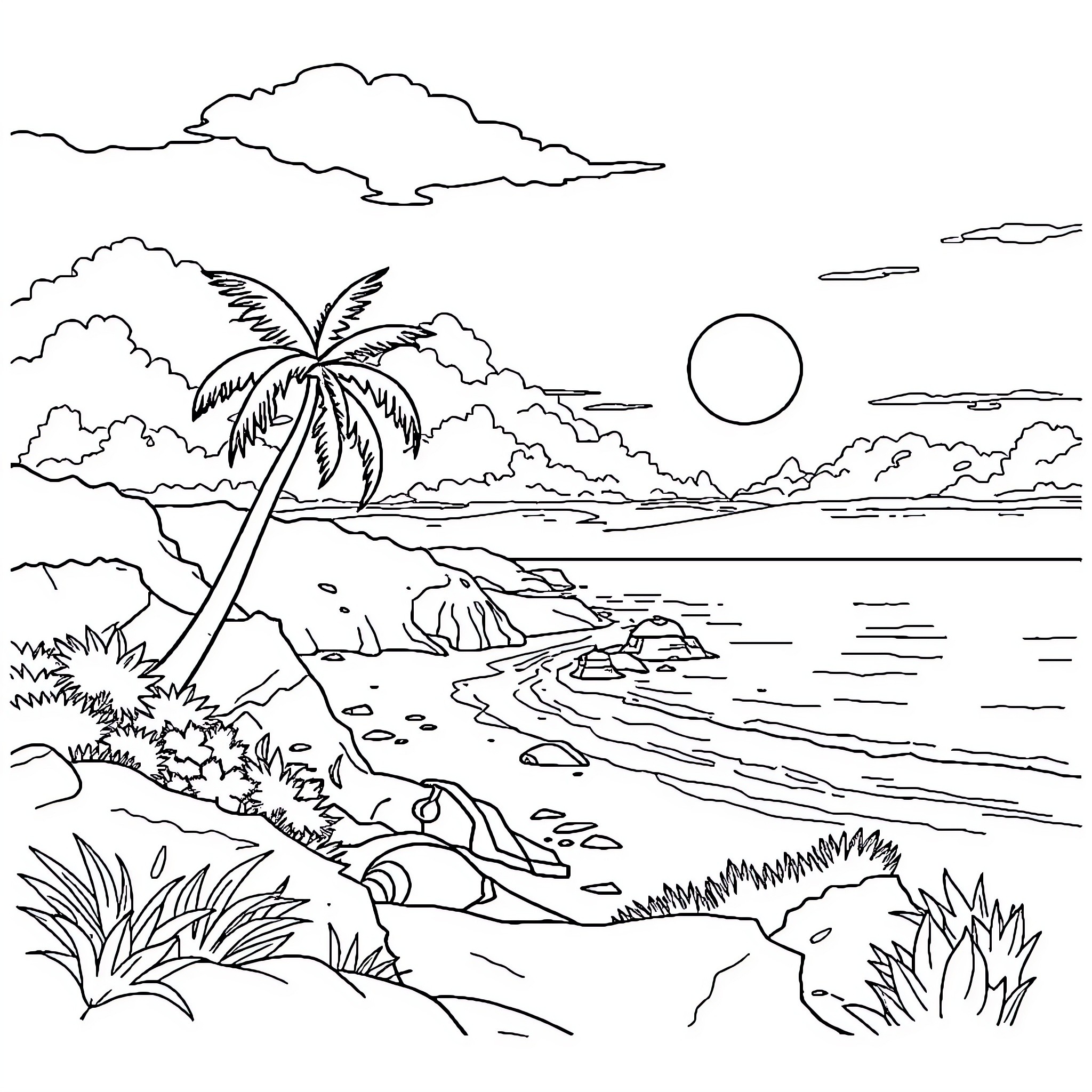 Beach scene with palm trees and sunset Coloring Page (free black-and-white line drawing printable PDF for all, from beginners to advanced learners, including children, teens, adults, and seniors)