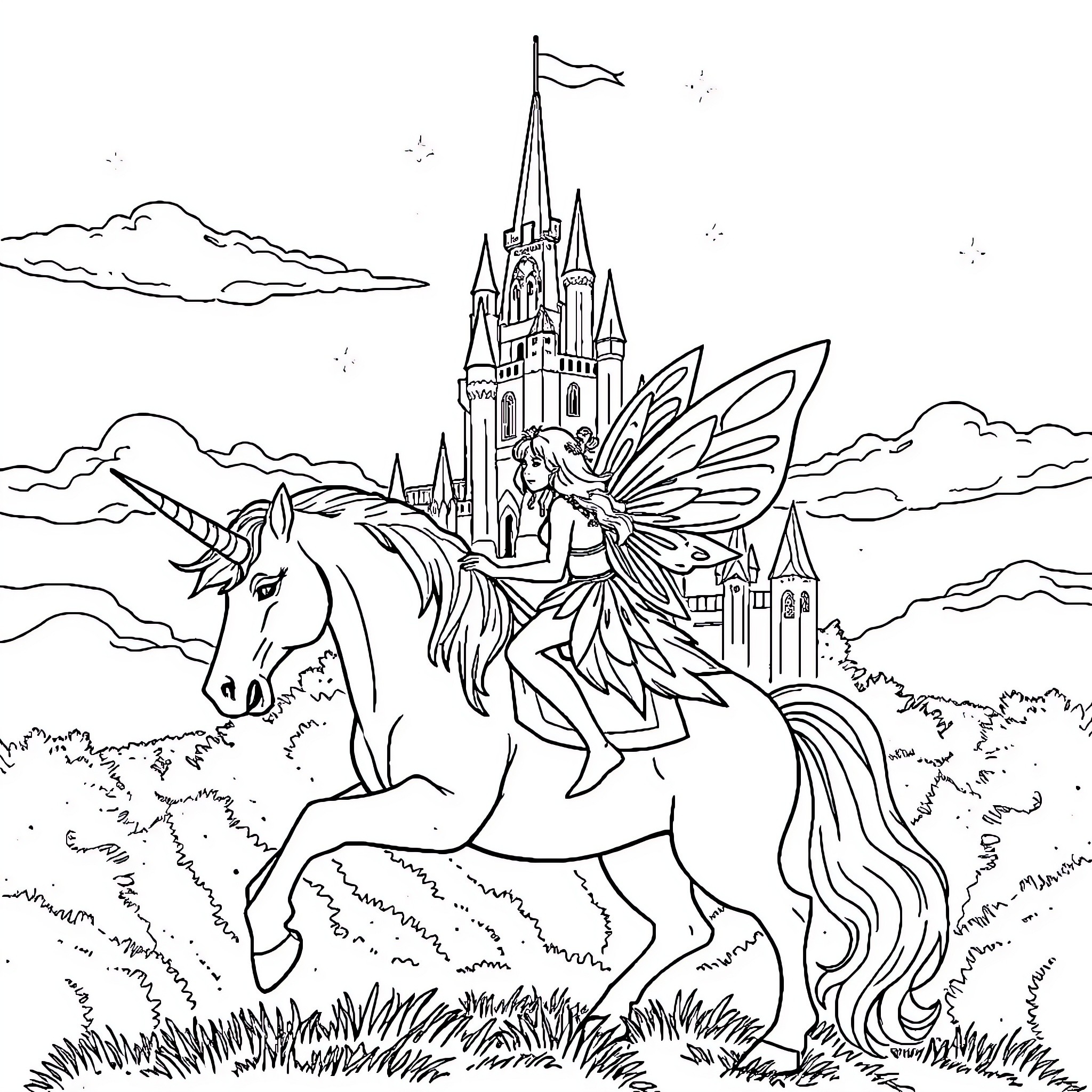 Fairy Riding Majestic Unicorn Towards Enchanted Castle Coloring Page (free black-and-white line drawing printable PDF for all, from beginners to advanced learners, including children, teens, adults, and seniors)