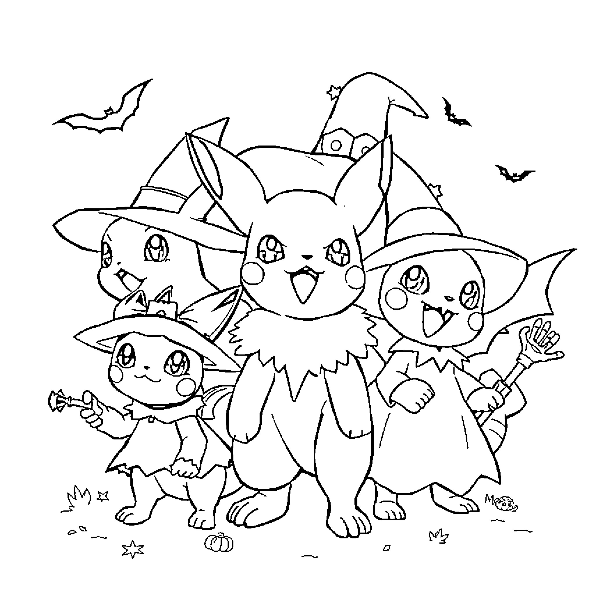 Pokémon characters in Halloween costumes Coloring Page (free black-and-white line drawing printable PDF for all, from beginners to advanced learners, including children, teens, adults, and seniors)