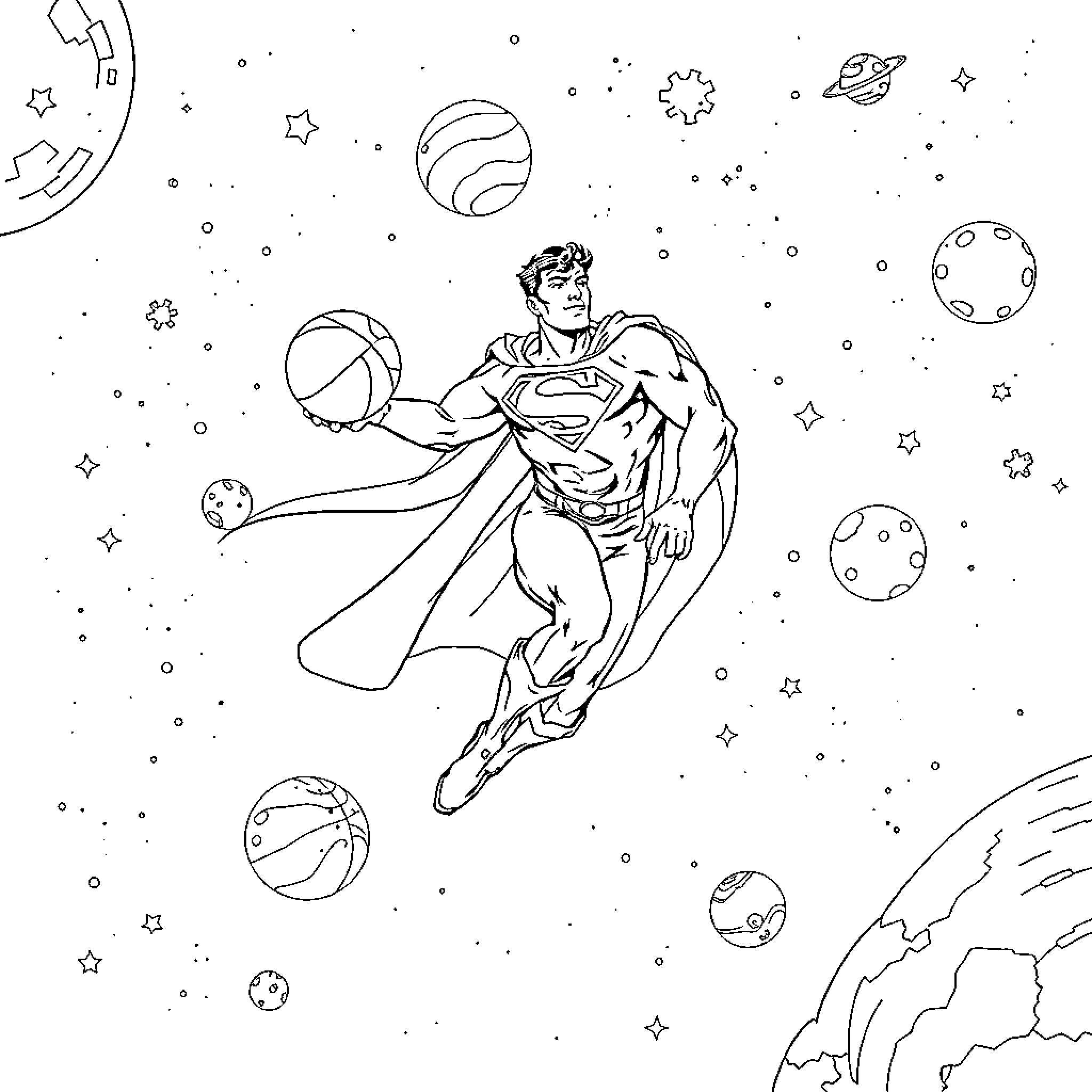 Superman soaring through the cosmic space Coloring Page (free black-and-white line drawing printable PDF for all, from beginners to advanced learners, including children, teens, adults, and seniors)