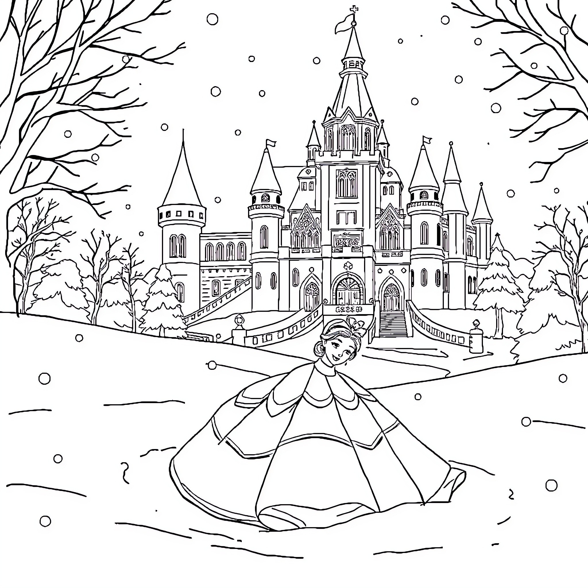 Princess in a Winter Palace Coloring Page (free black-and-white line drawing printable PDF for all, from beginners to advanced learners, including children, teens, adults, and seniors)