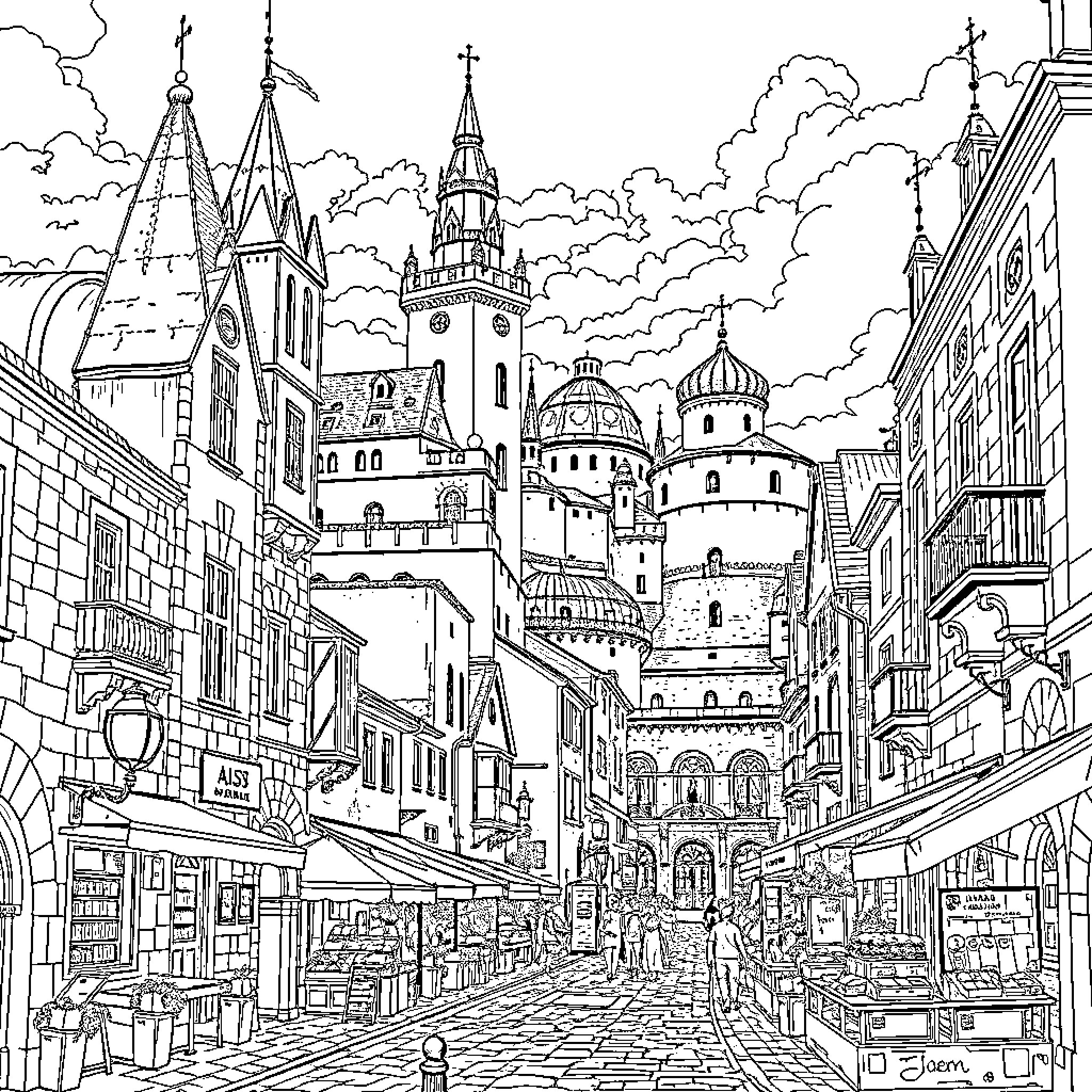 Iasi: Bustling medieval cityscape with ornate architecture Coloring Page (free black-and-white line drawing printable PDF for all, from beginners to advanced learners, including children, teens, adults, and seniors)