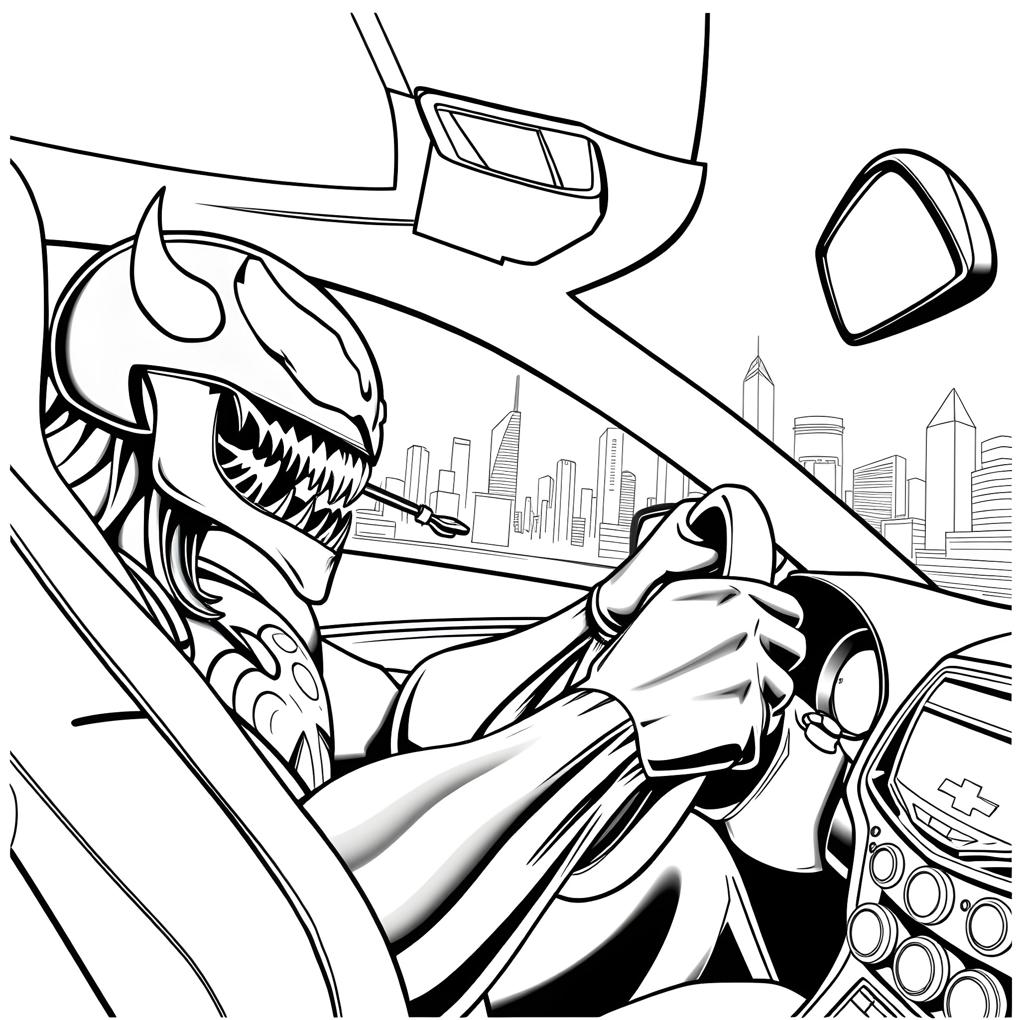 Venom Unleashed in the City Coloring Page (free black-and-white line drawing printable PDF for all, from beginners to advanced learners, including children, teens, adults, and seniors)