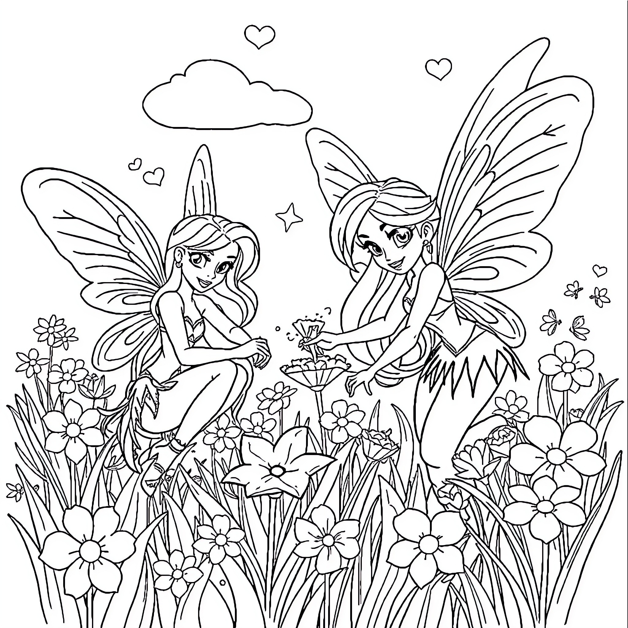 Winx Fairies Enjoying Nature in Enchanted Garden Coloring Page (free black-and-white line drawing printable PDF for all, from beginners to advanced learners, including children, teens, adults, and seniors)