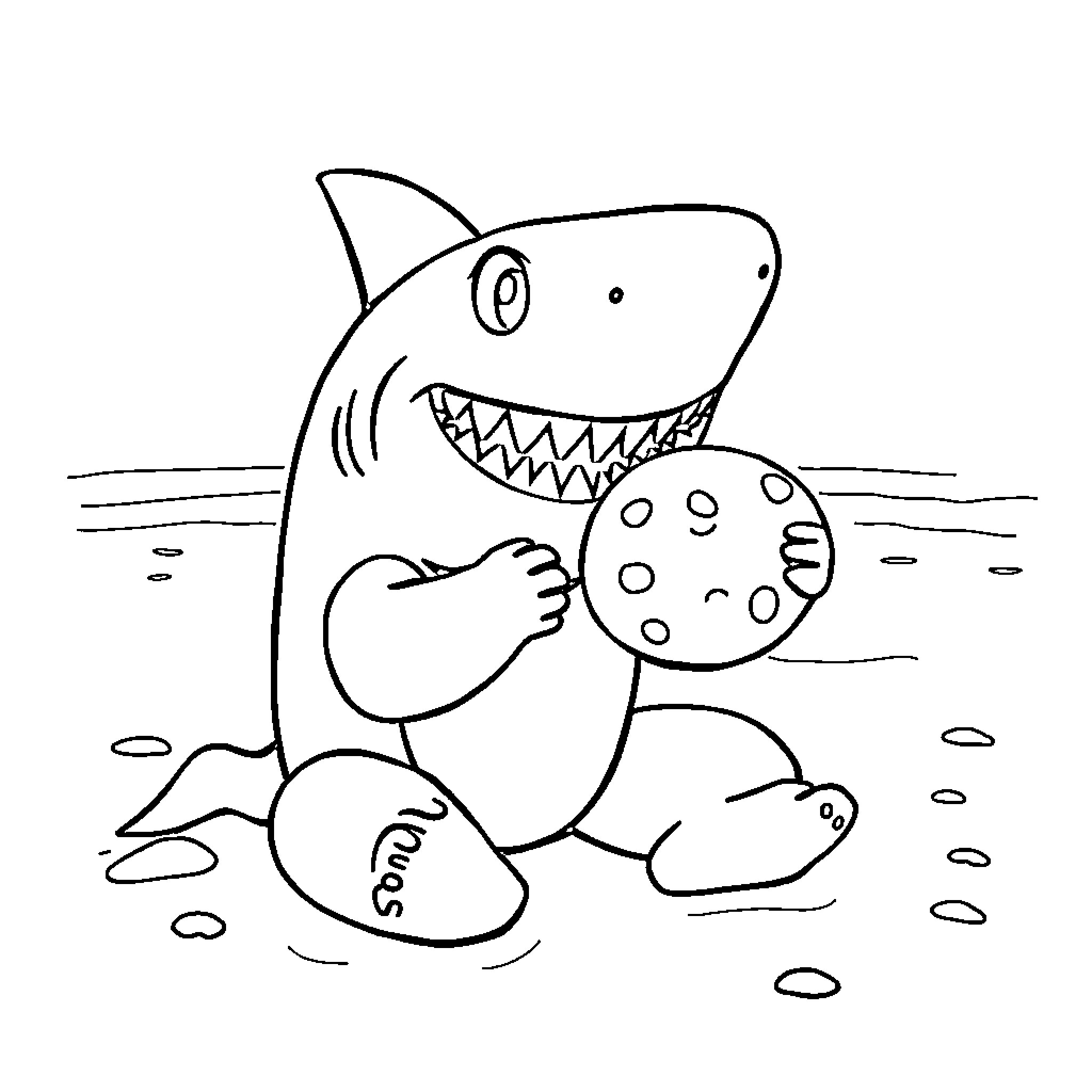 Jeff the Friendly Shark Playing with Seashells Coloring Page (free black-and-white line drawing printable PDF for all, from beginners to advanced learners, including children, teens, adults, and seniors)