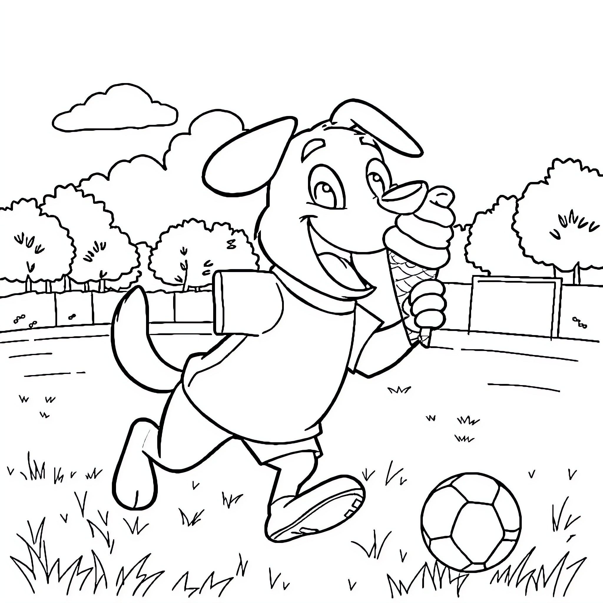 Bluey playing with a soccer ball in a park Coloring Page (free black-and-white line drawing printable PDF for all, from beginners to advanced learners, including children, teens, adults, and seniors)