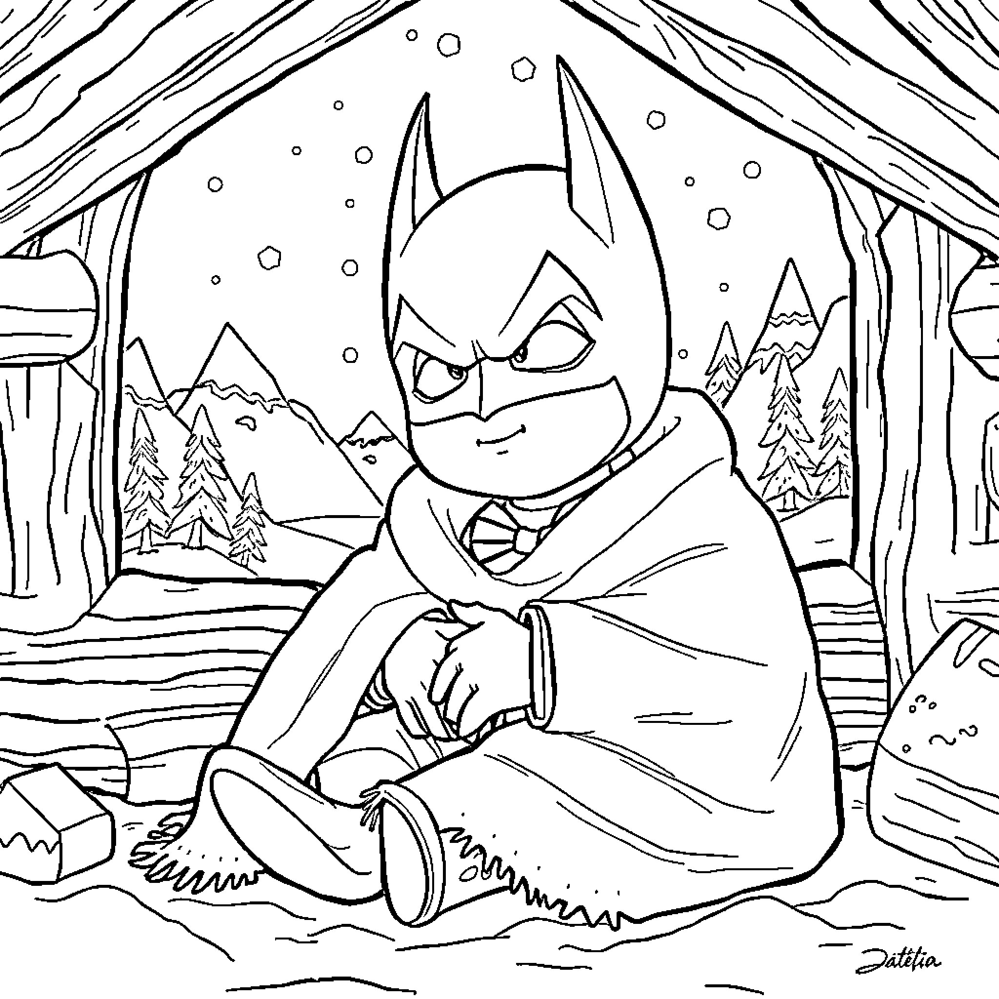 Batman resting in snowy mountain landscape Coloring Page (free black-and-white line drawing printable PDF for all, from beginners to advanced learners, including children, teens, adults, and seniors)
