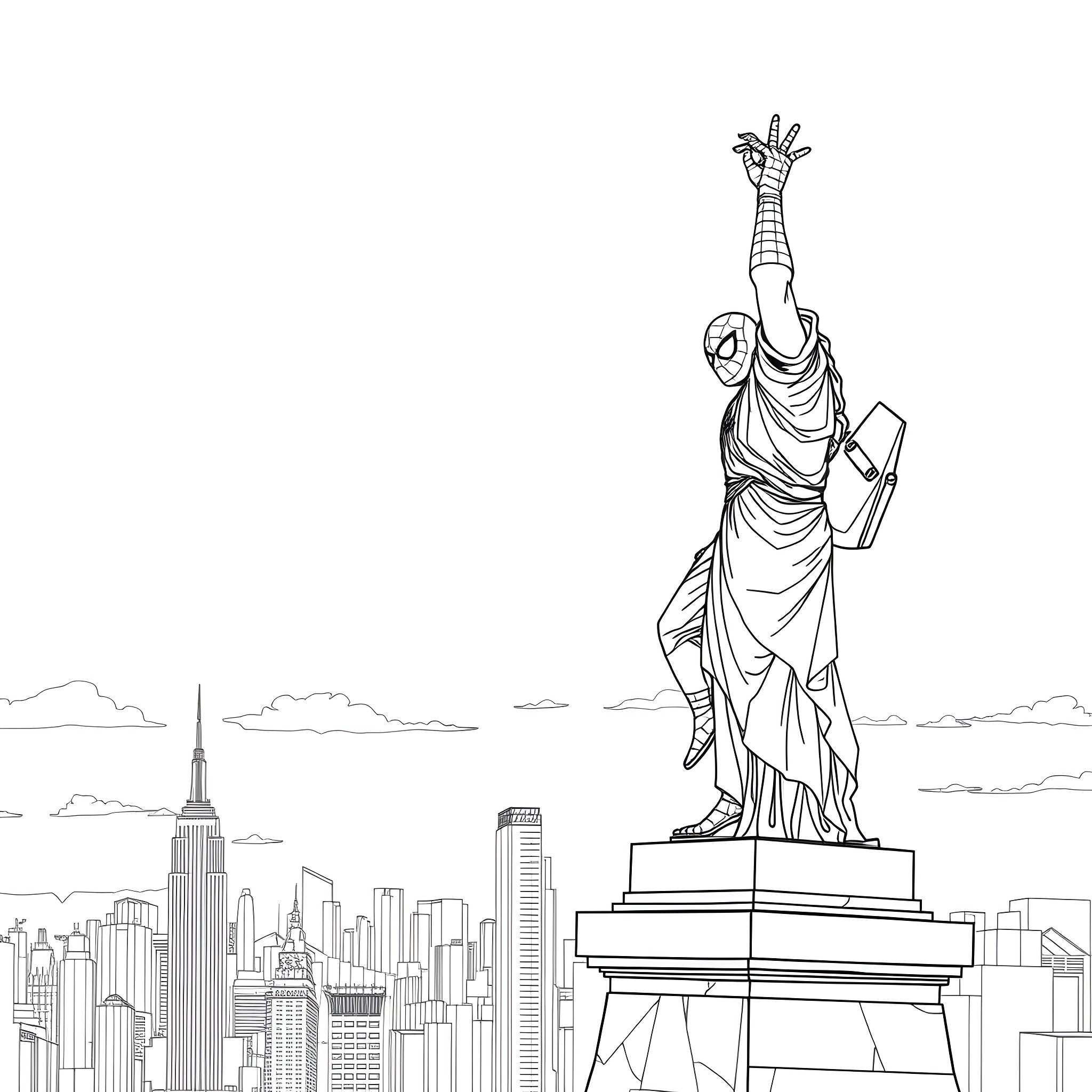 Spiderman heroically poses atop the Statue of Liberty Coloring Page (free black-and-white line drawing printable PDF for all, from beginners to advanced learners, including children, teens, adults, and seniors)