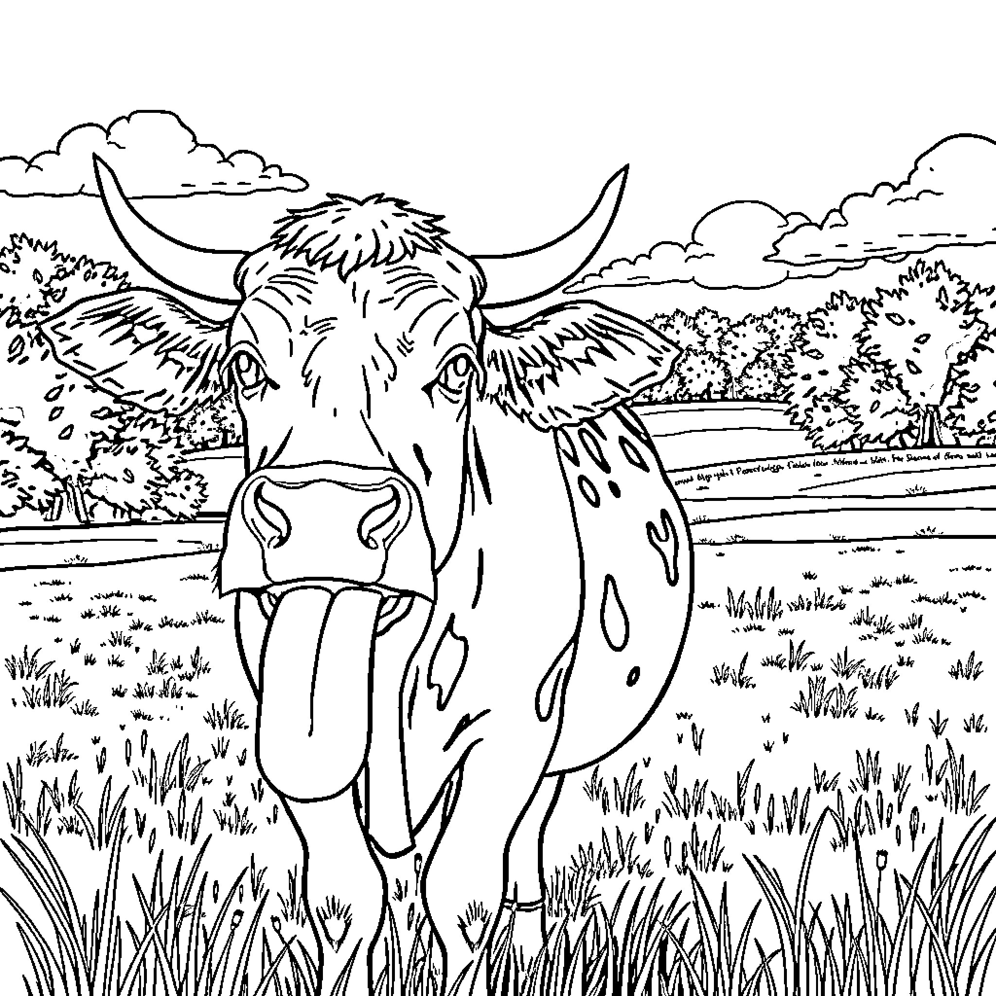 Cow resting in a peaceful rural landscape Coloring Page (free black-and-white line drawing printable PDF for all, from beginners to advanced learners, including children, teens, adults, and seniors)