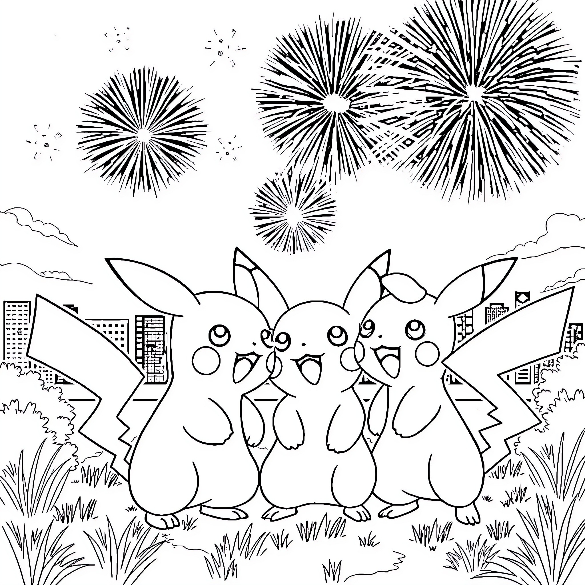 Pokémon Celebrating with Fireworks in the City Coloring Page (free black-and-white line drawing printable PDF for all, from beginners to advanced learners, including children, teens, adults, and seniors)