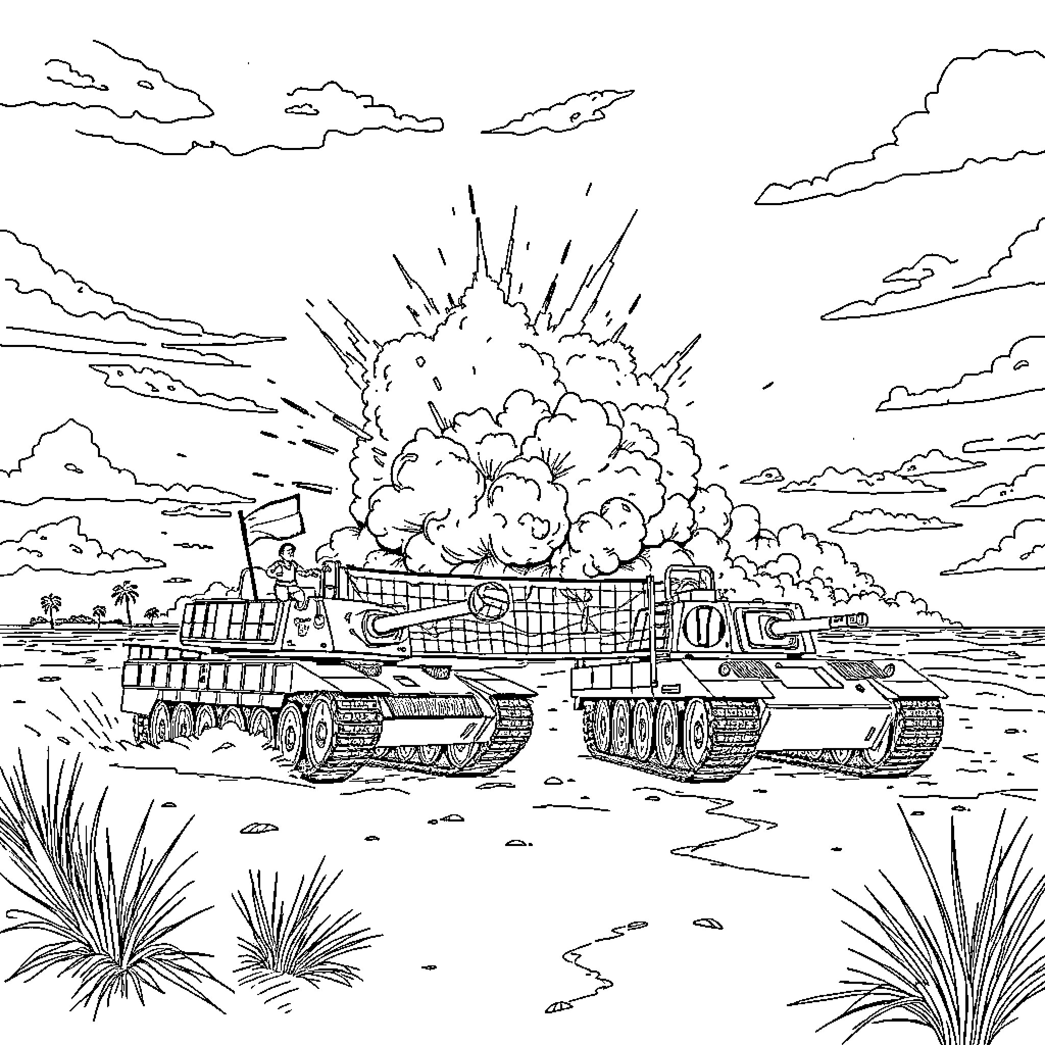 Tank Explosion Amid Military Battle Landscape Coloring Page (free black-and-white line drawing printable PDF for all, from beginners to advanced learners, including children, teens, adults, and seniors)