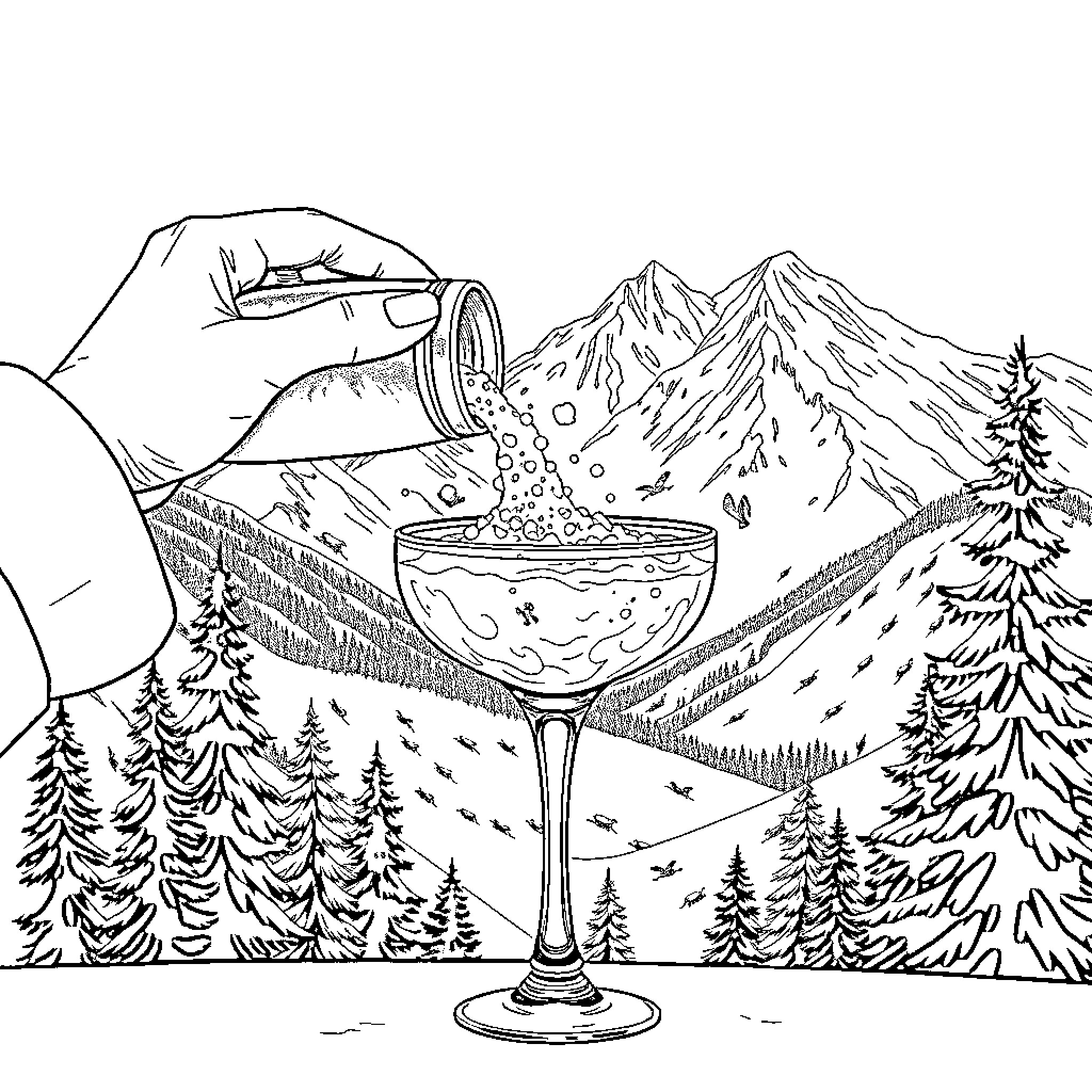 Margarita Enjoyed in a Scenic Mountain Landscape Coloring Page (free black-and-white line drawing printable PDF for all, from beginners to advanced learners, including children, teens, adults, and seniors)