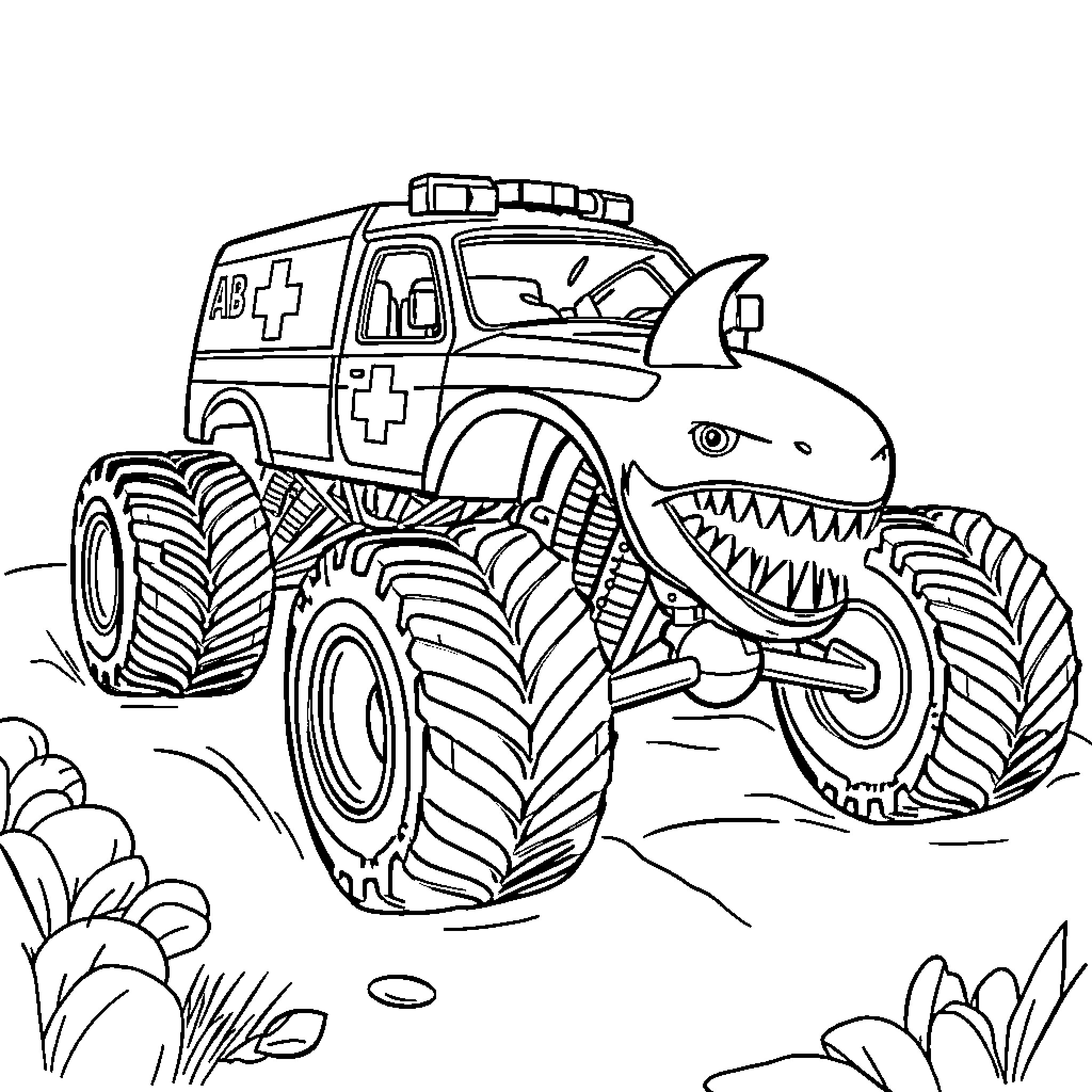 Monster Truck Ambulance Roaring Through Nature Coloring Page (free black-and-white line drawing printable PDF for all, from beginners to advanced learners, including children, teens, adults, and seniors)