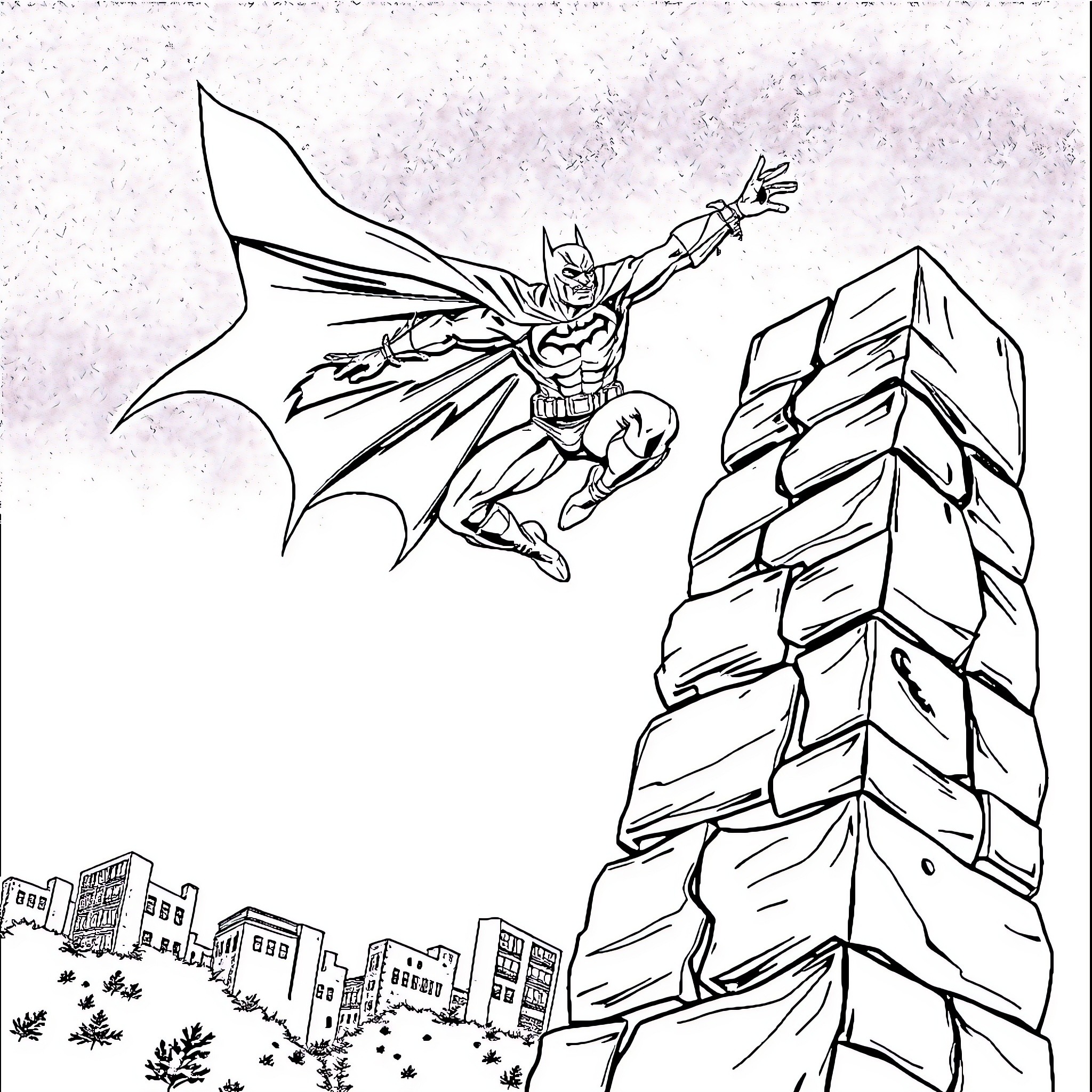 Batman leaping into action in the city Coloring Page (free black-and-white line drawing printable PDF for all, from beginners to advanced learners, including children, teens, adults, and seniors)