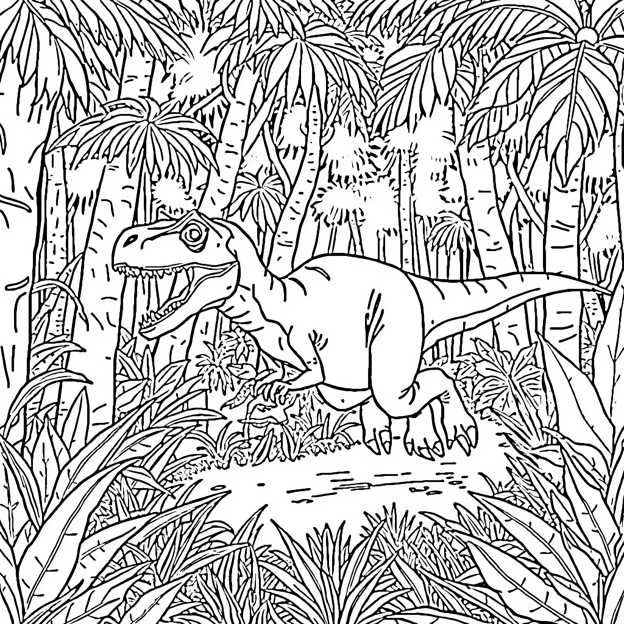 Velociraptor hunting in a dense jungle Coloring Page (free black-and-white line drawing printable PDF for all, from beginners to advanced learners, including children, teens, adults, and seniors)