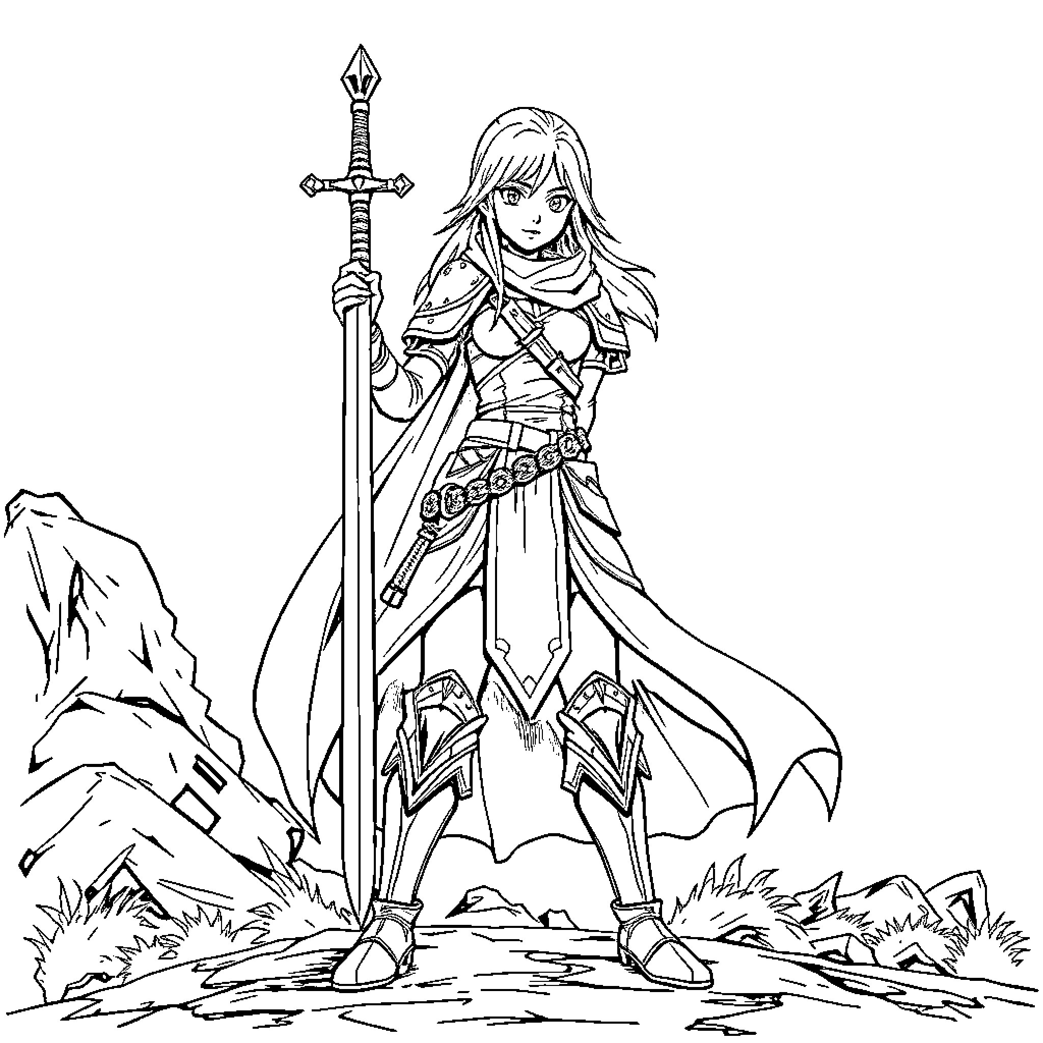 Clare, the valiant warrior with sword in the wilderness Coloring Page (free black-and-white line drawing printable PDF for all, from beginners to advanced learners, including children, teens, adults, and seniors)
