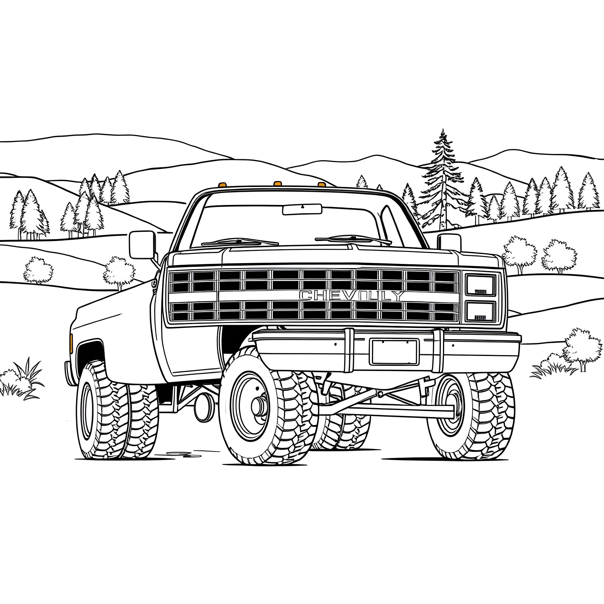 Chevy Truck Navigating Rugged Terrain Coloring Page (free black-and-white line drawing printable PDF for all, from beginners to advanced learners, including children, teens, adults, and seniors)