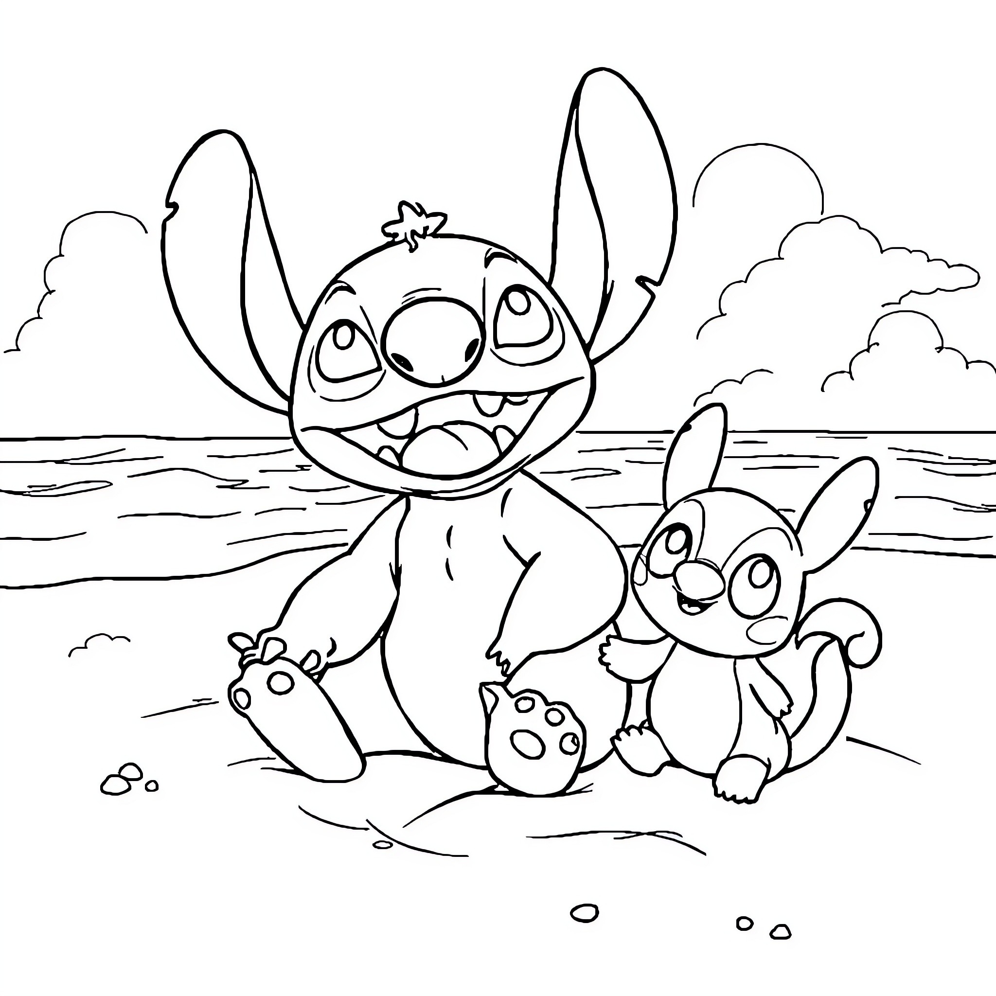 Stitch and Scrump Playing on the Beach Coloring Page (free black-and-white line drawing printable PDF for all, from beginners to advanced learners, including children, teens, adults, and seniors)
