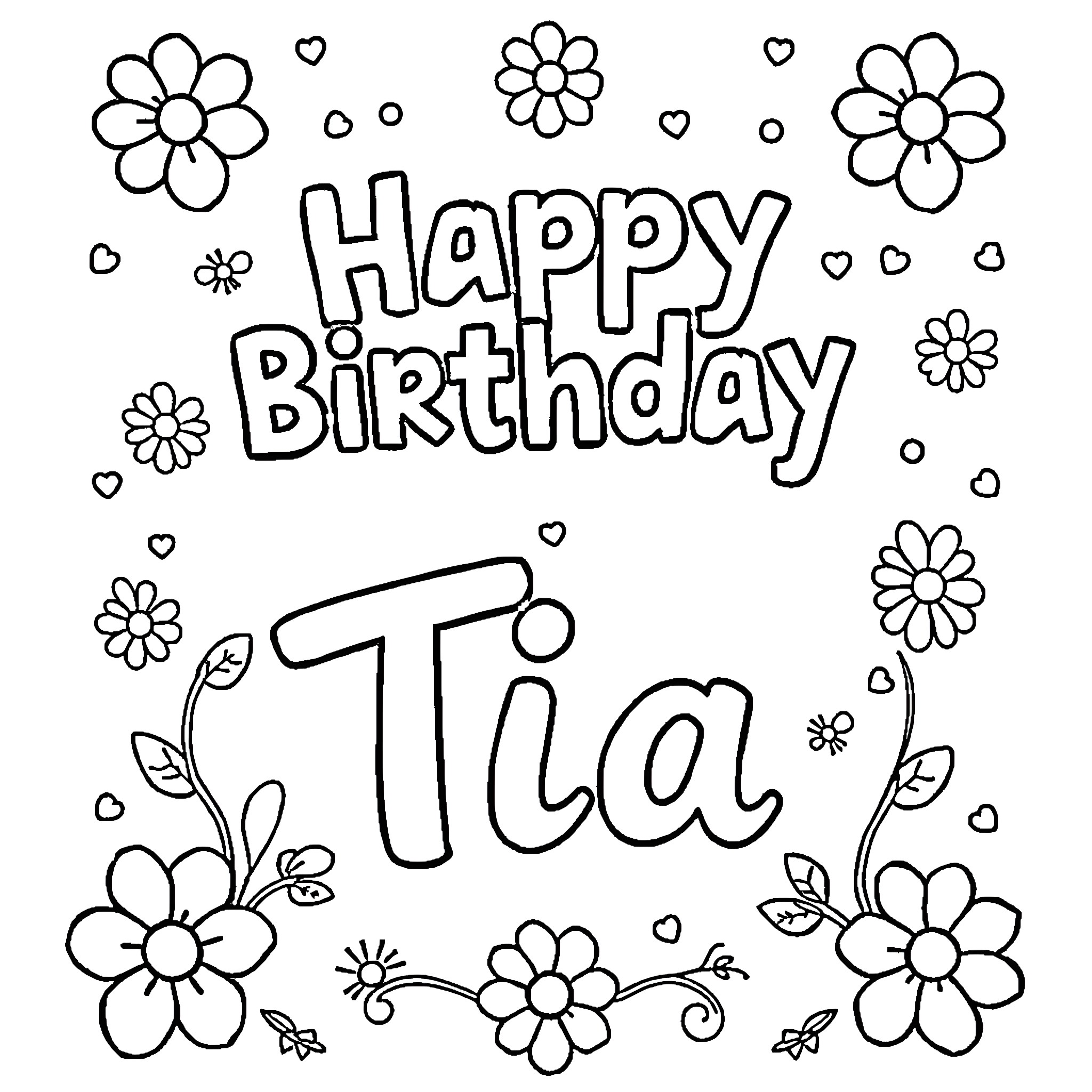 Birthday Card with Flowers and Hearts Coloring Page (free black-and-white line drawing printable PDF for all, from beginners to advanced learners, including children, teens, adults, and seniors)