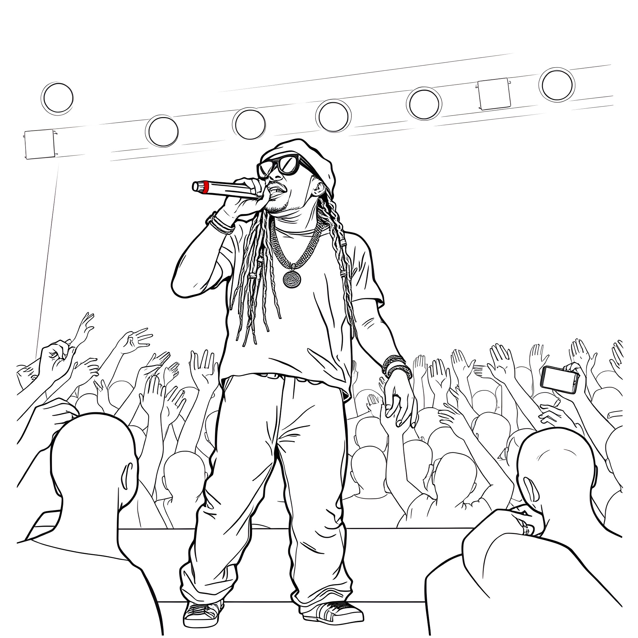 Lil Wayne Performing Energetically for Enthusiastic Crowd Coloring Page (free black-and-white line drawing printable PDF for all, from beginners to advanced learners, including children, teens, adults, and seniors)