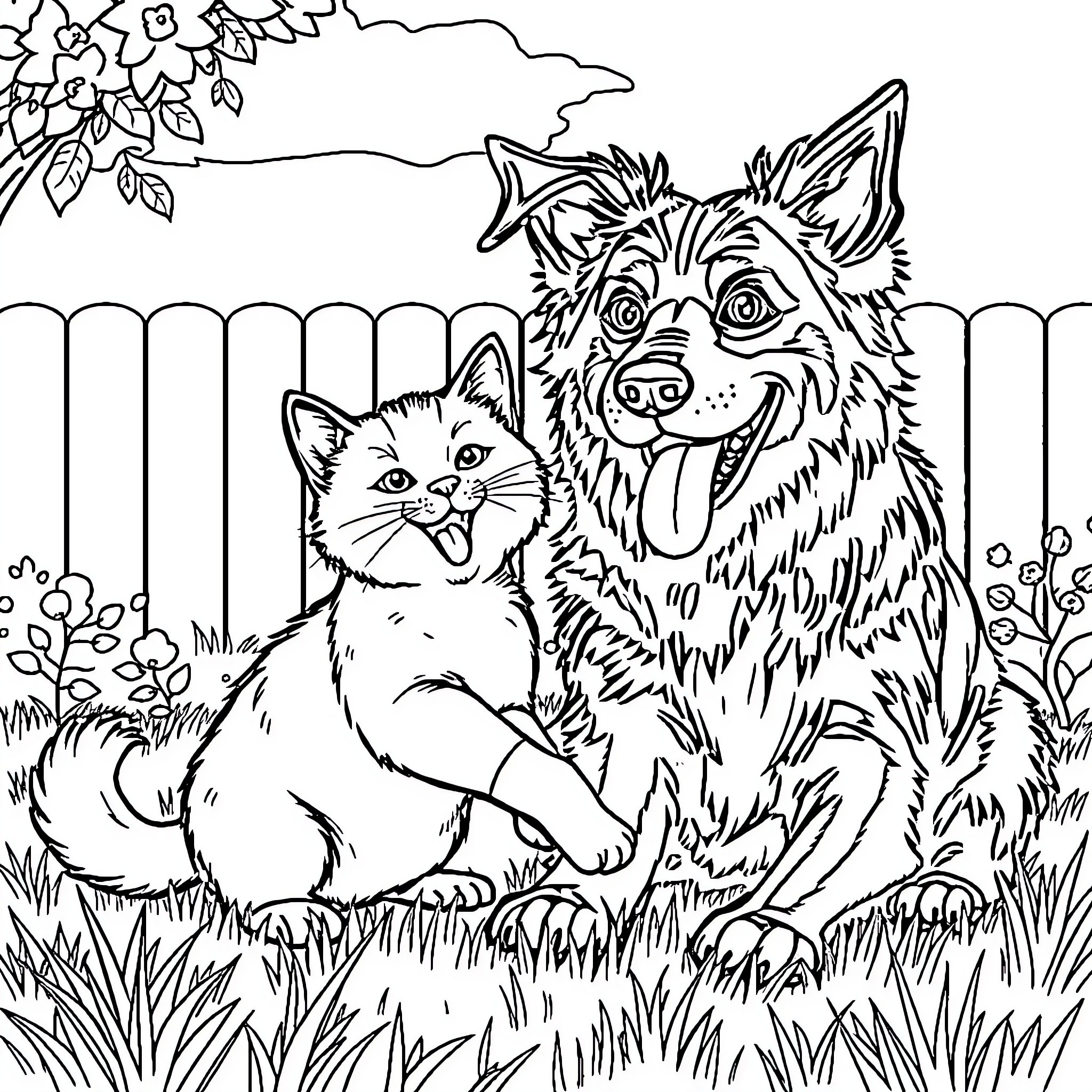 Dog and cat playing joyfully in the backyard Coloring Page (free black-and-white line drawing printable PDF for all, from beginners to advanced learners, including children, teens, adults, and seniors)