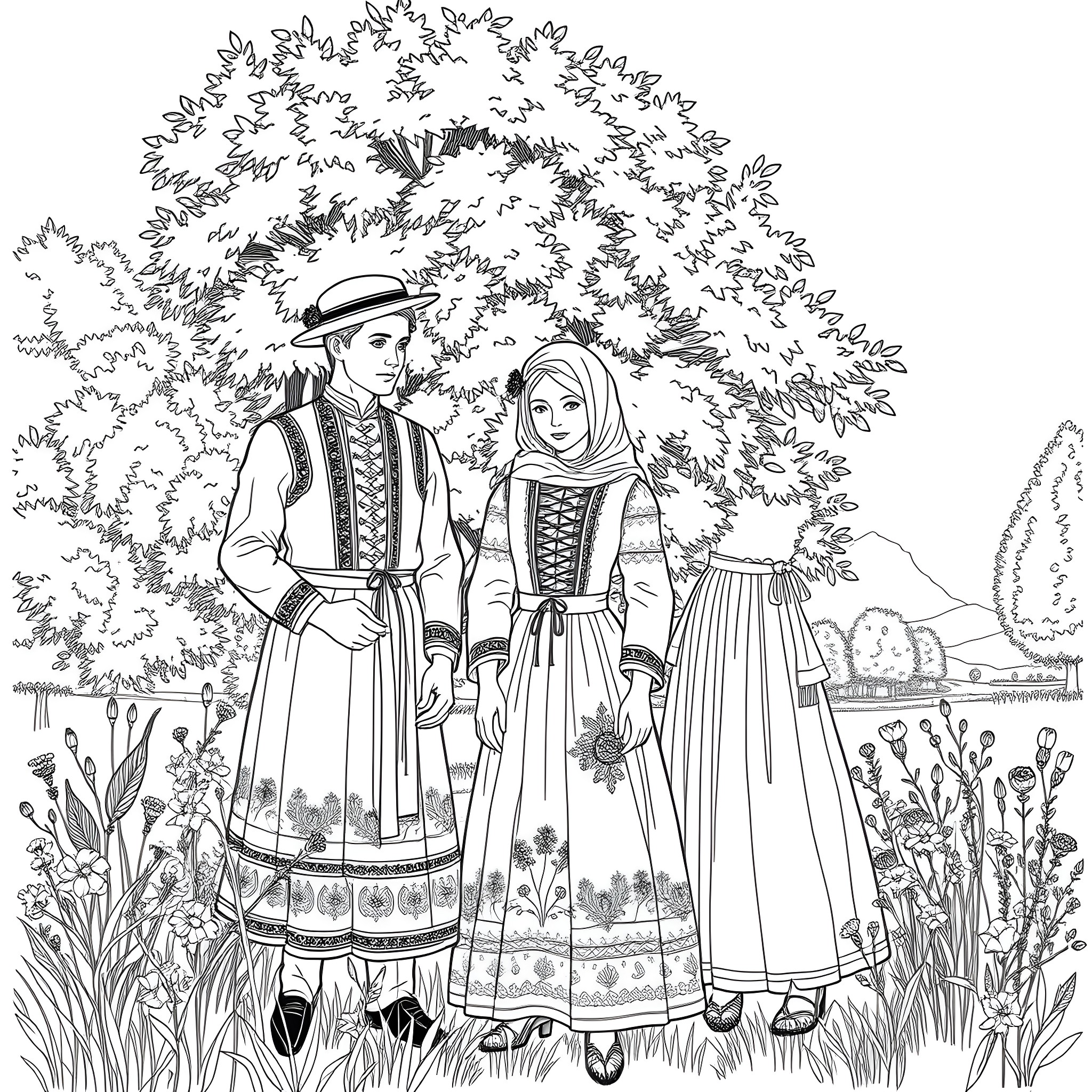Clothing depicting traditional folk attire in natural setting Coloring Page (free black-and-white line drawing printable PDF for all, from beginners to advanced learners, including children, teens, adults, and seniors)