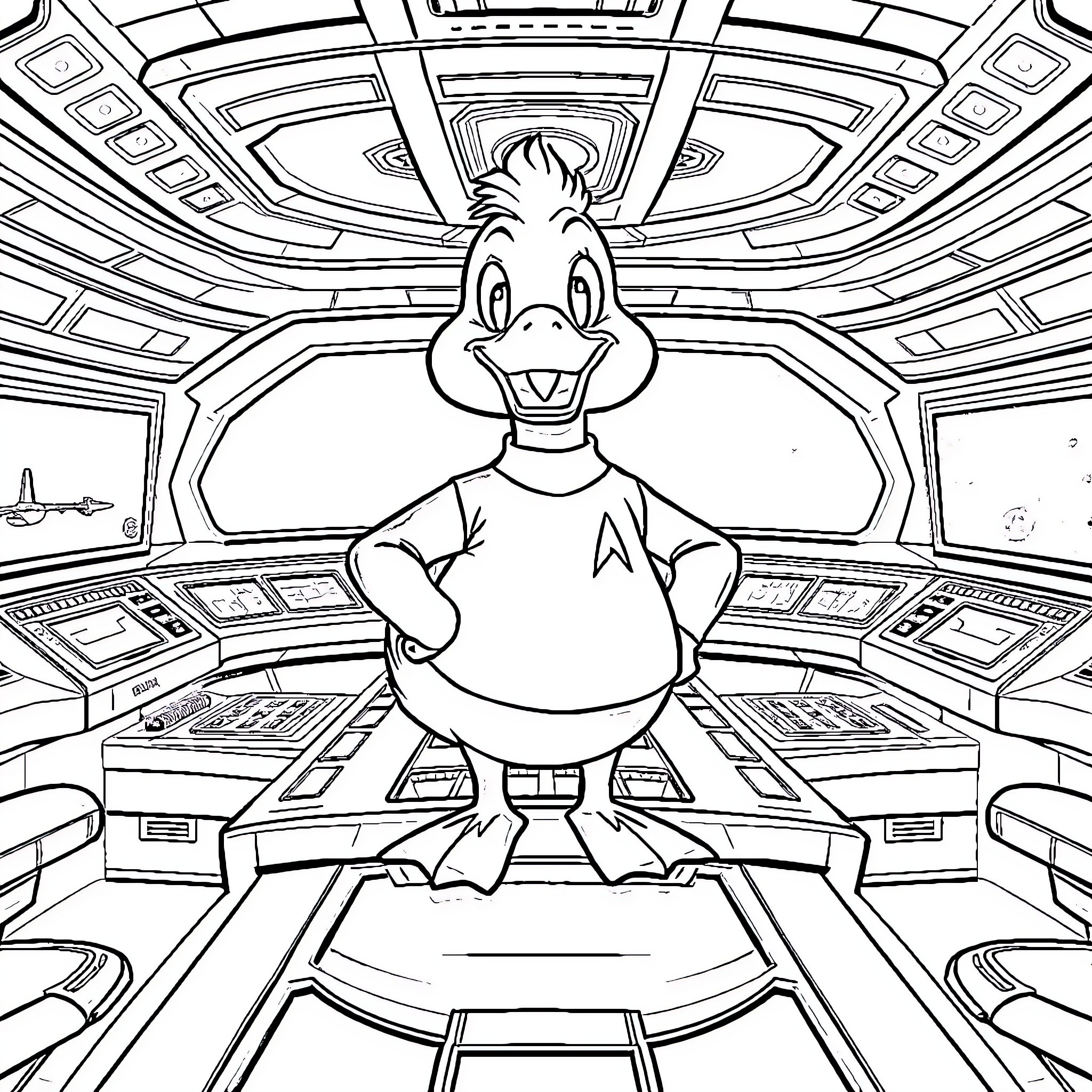 Duck in futuristic spaceship control room Coloring Page (free black-and-white line drawing printable PDF for all, from beginners to advanced learners, including children, teens, adults, and seniors)