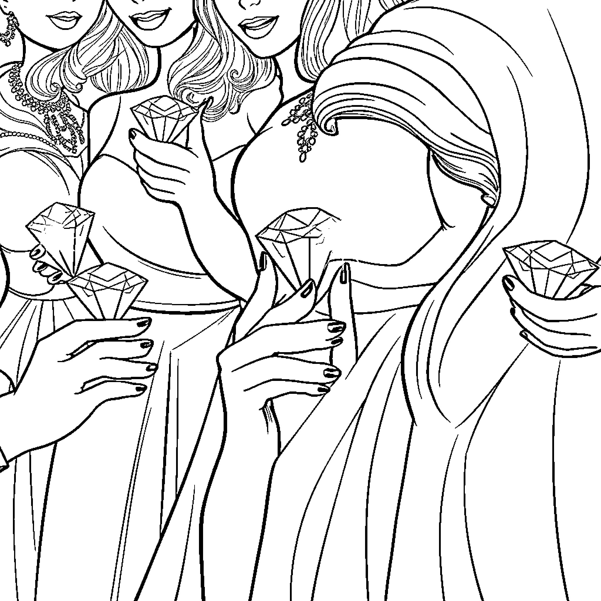 Women Admiring Sparkling Gemstones Coloring Page (free black-and-white line drawing printable PDF for all, from beginners to advanced learners, including children, teens, adults, and seniors)