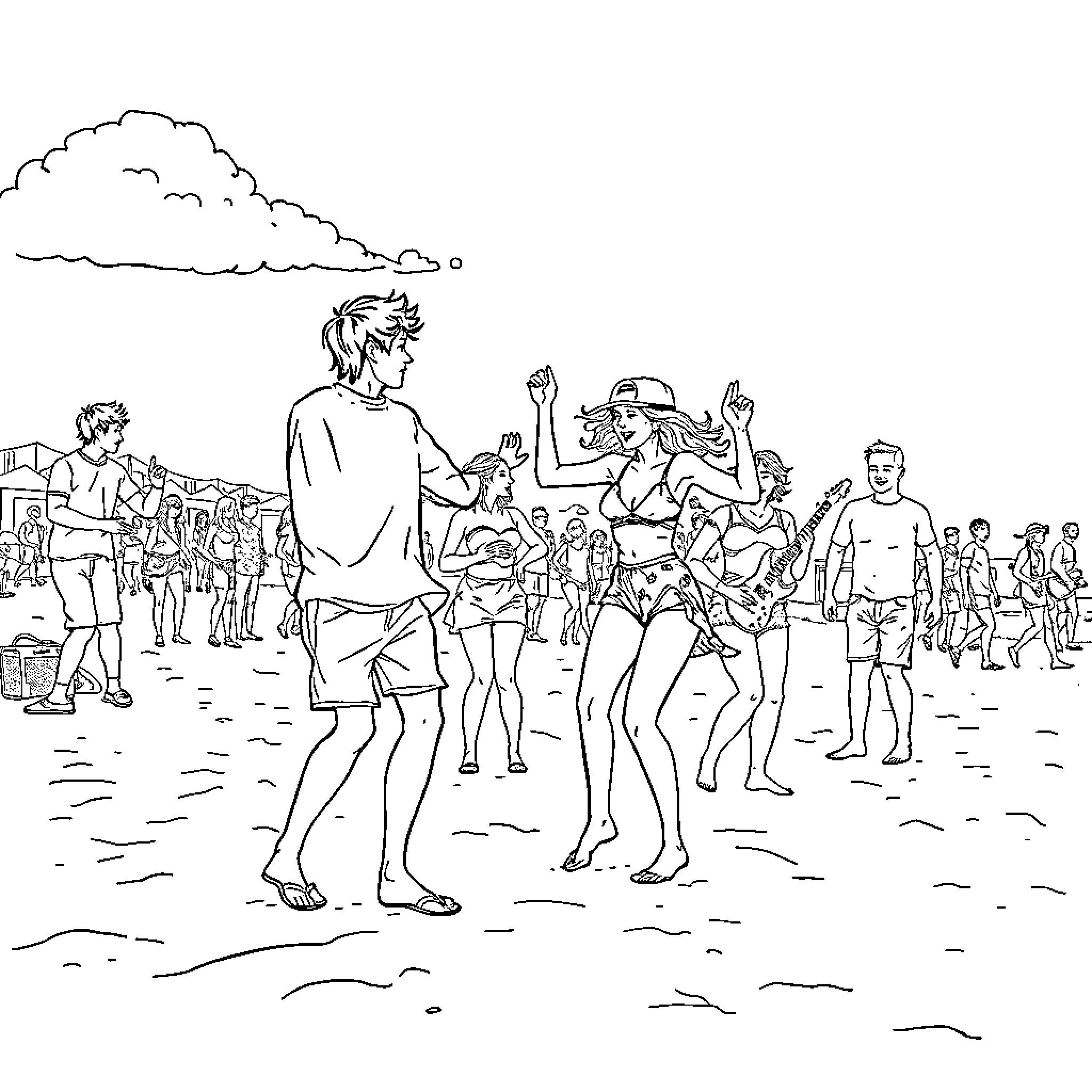 K Pop Group Performing on the Beach Coloring Page (free black-and-white line drawing printable PDF for all, from beginners to advanced learners, including children, teens, adults, and seniors)