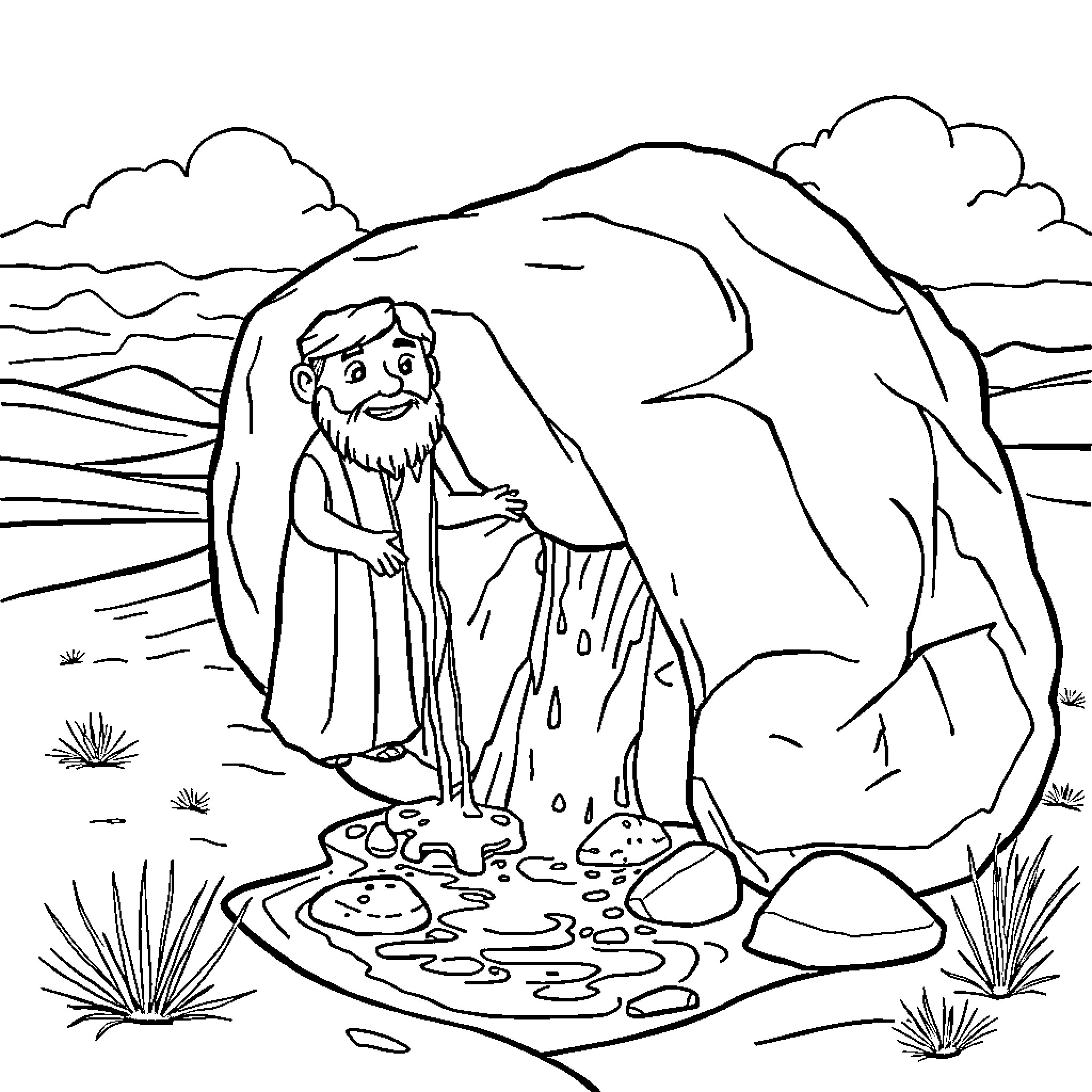 God delivers water from the rock in the wilderness Coloring Page (free black-and-white line drawing printable PDF for all, from beginners to advanced learners, including children, teens, adults, and seniors)