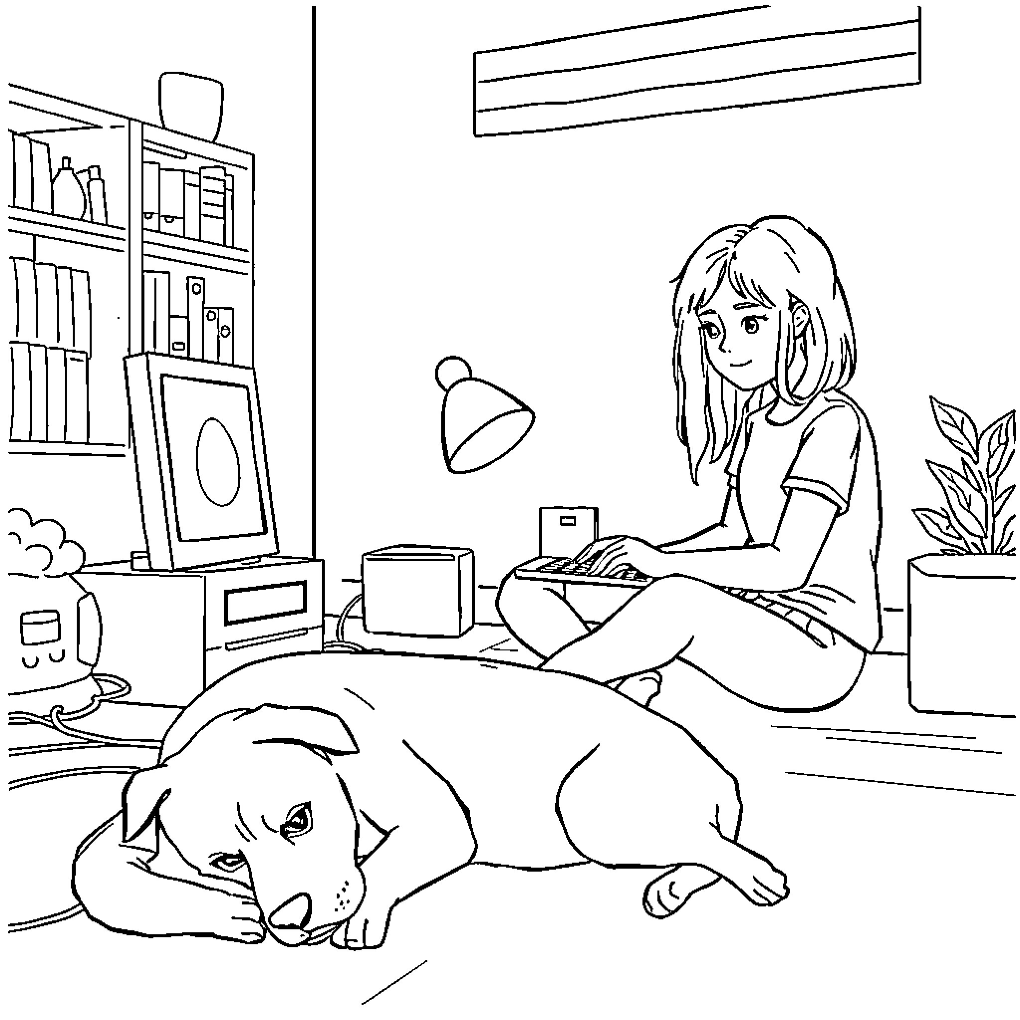 Girl relaxing at home with her pet Coloring Page (free black-and-white line drawing printable PDF for all, from beginners to advanced learners, including children, teens, adults, and seniors)
