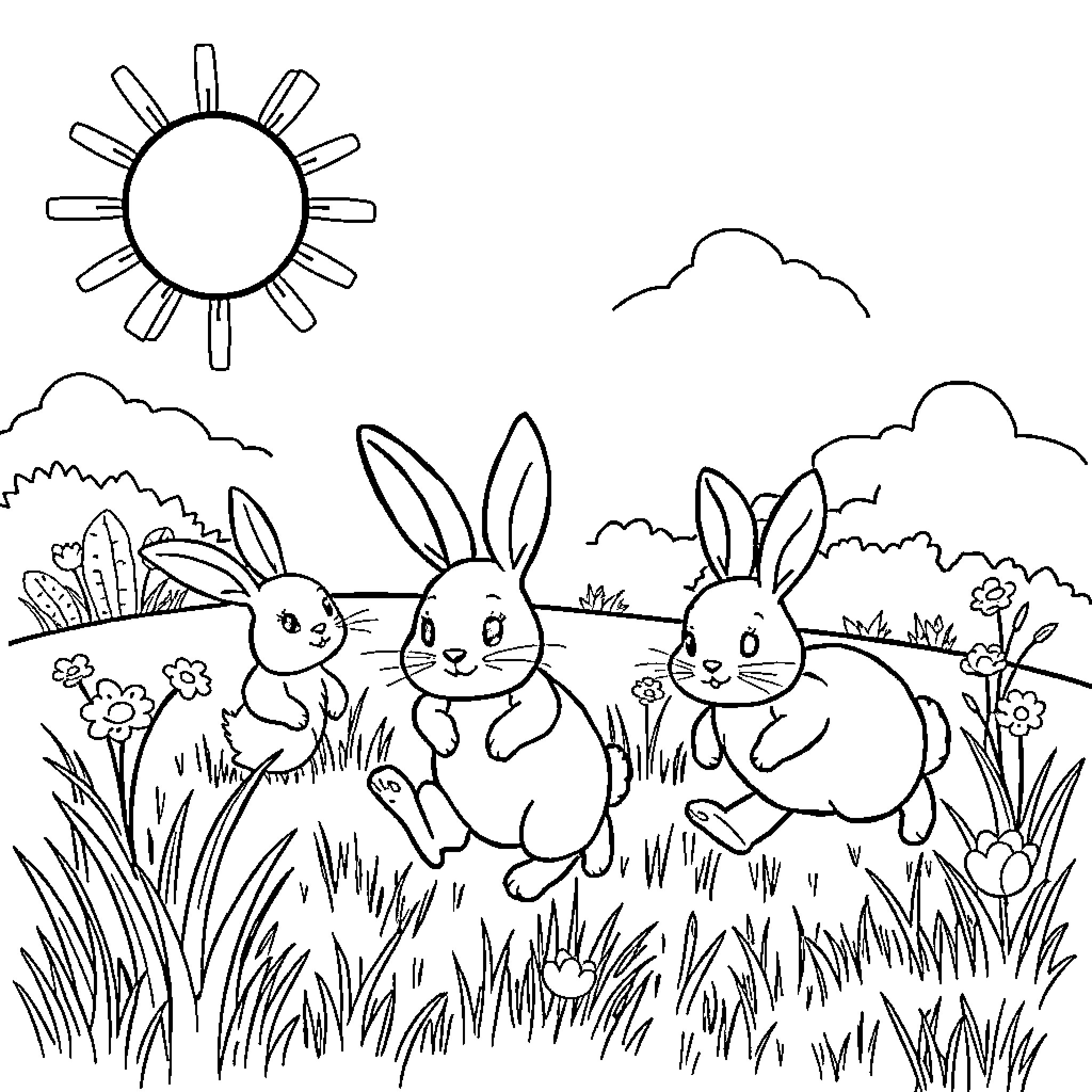 Bunny friends playing in the sunny meadow Coloring Page (free black-and-white line drawing printable PDF for all, from beginners to advanced learners, including children, teens, adults, and seniors)